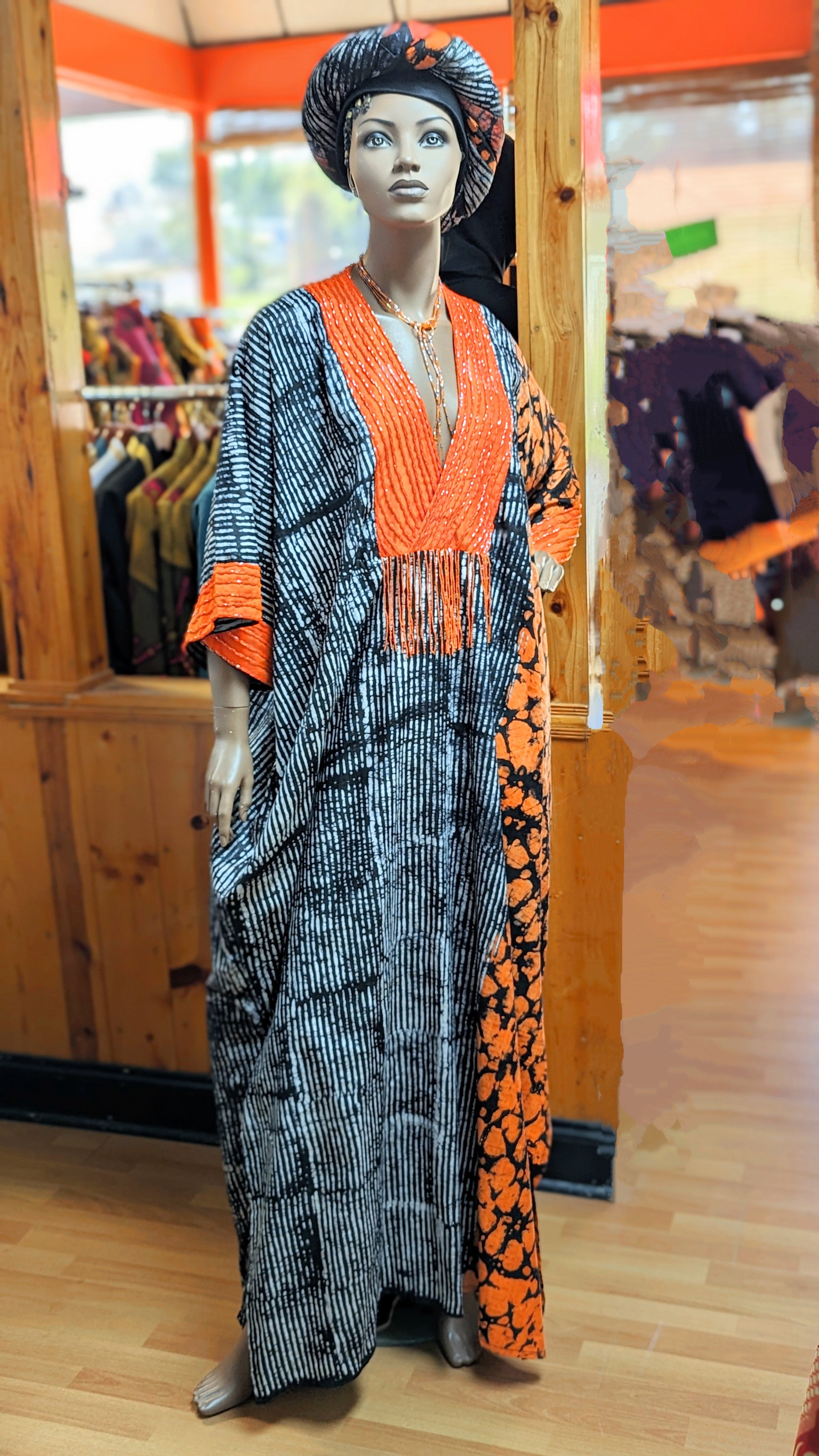 Dupsie's Anika Handcrafted African Print Batik Dress with Orange Beads DPOBWBD4、mySite、solidvoid