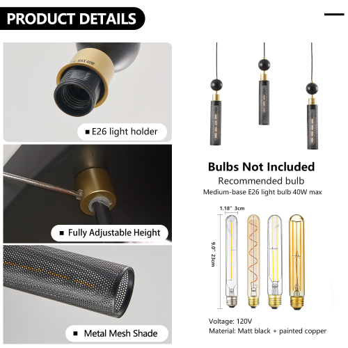 24" Modern Industrial Multi-Light Pendant Chandelier - 9-Light Black and Gold Adjustable Ceiling Light Fixture with Mesh Cylinder Shades for Living Room, Dining Room, or Staircase (Bulb Not Included)、、eastwooduniform