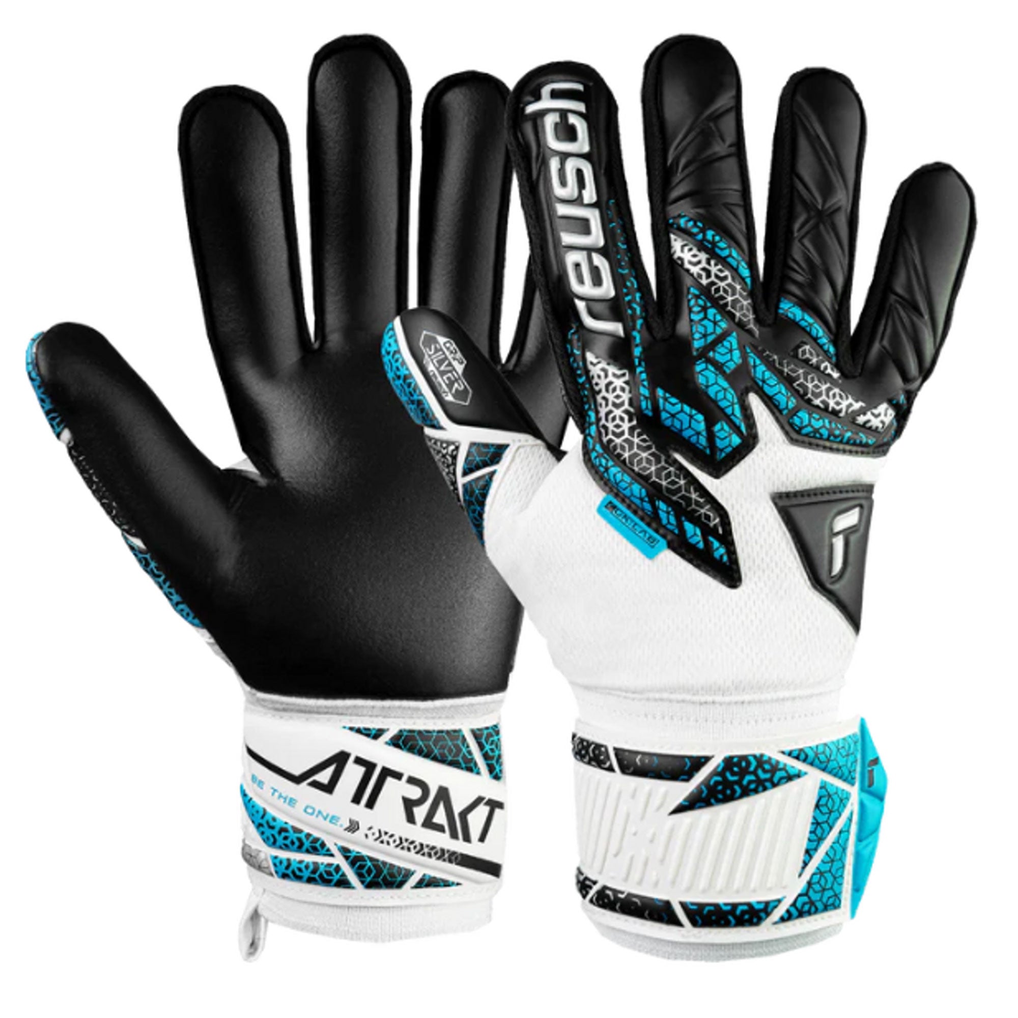 Reusch Men's Attrakt Silver NC Finger Support Goalkeeper Gloves White/Blue/Black、mySite、noshort
