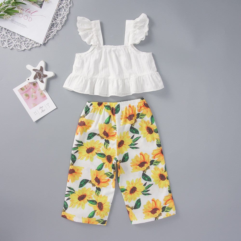 Square Neck White Tank and Sunflower Print Pants Set for Toddler Girls、mySite、g9winljtr