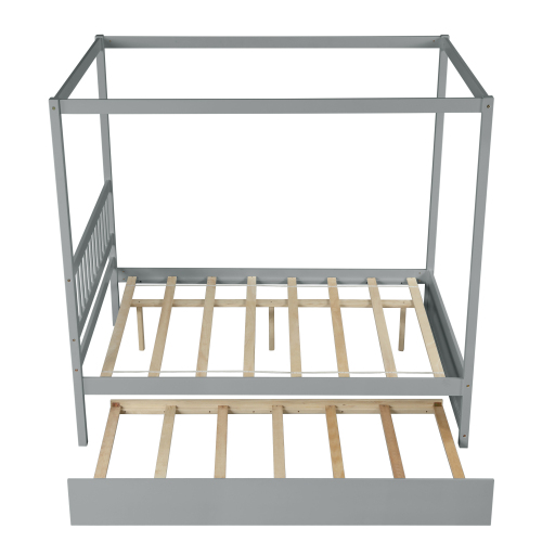 Full Size Canopy Bed with Twin Trundle, Kids Solid Wood Platform Bed Frame w/ Headboard, No Box Spring Needed Grey Color、、xpatfood