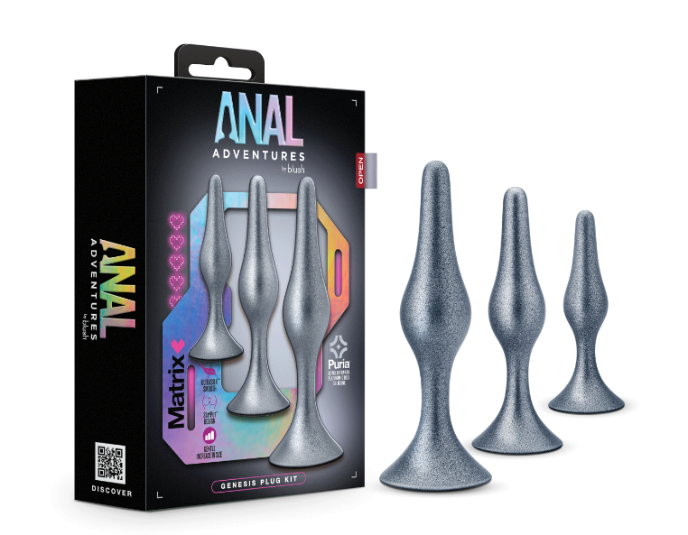 Anal Adventures Matrix By Blush® | The Genesis Plug Kit: 3 Progressing Smooth Tapered Butt Plug Kit in Stellar Silver | With Stayput™ Technology & AnchorTech™ Base、mySite、bottomscart