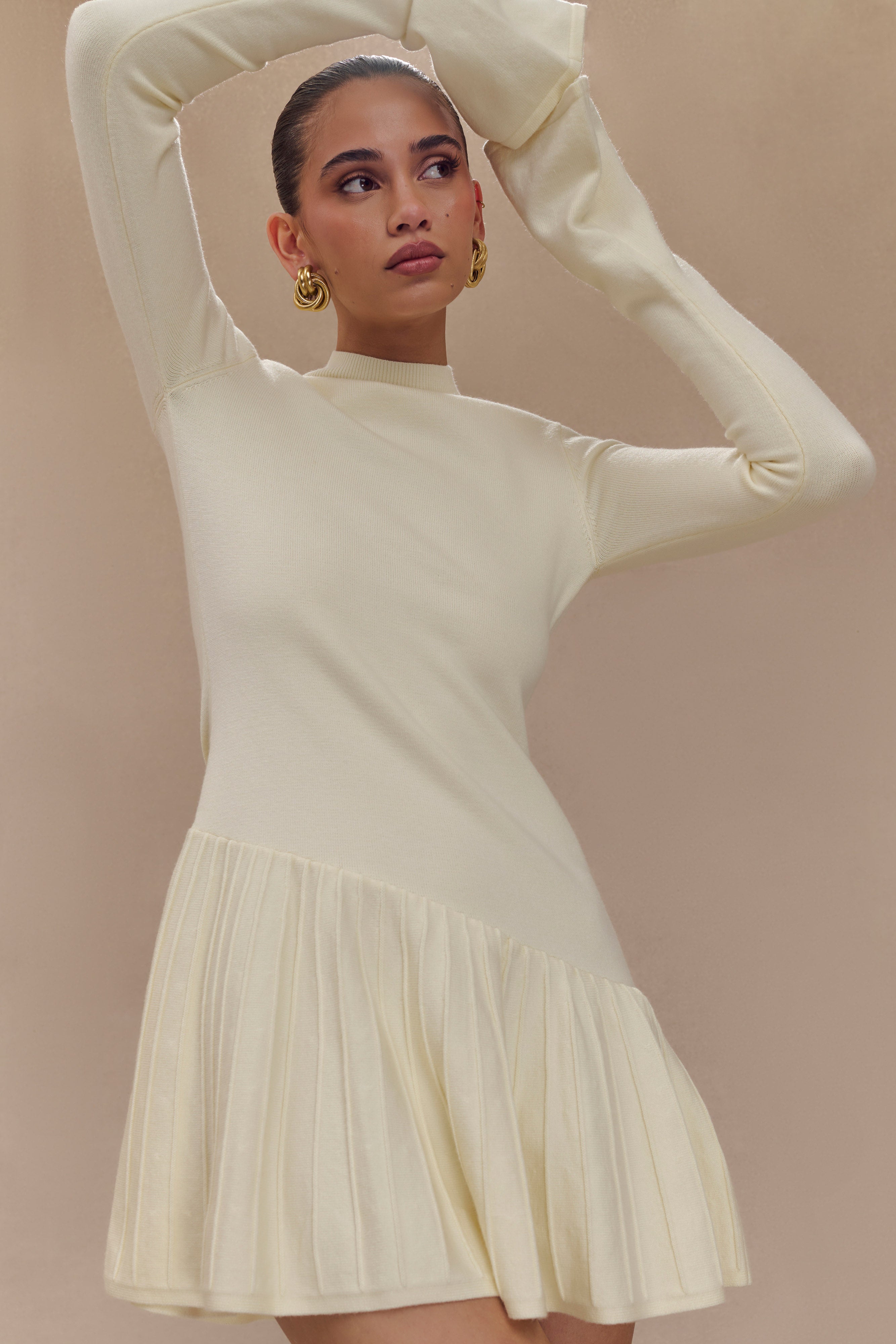 Blair Knit Mini Dress With Pleats - Ivory、mySite、solidvoid