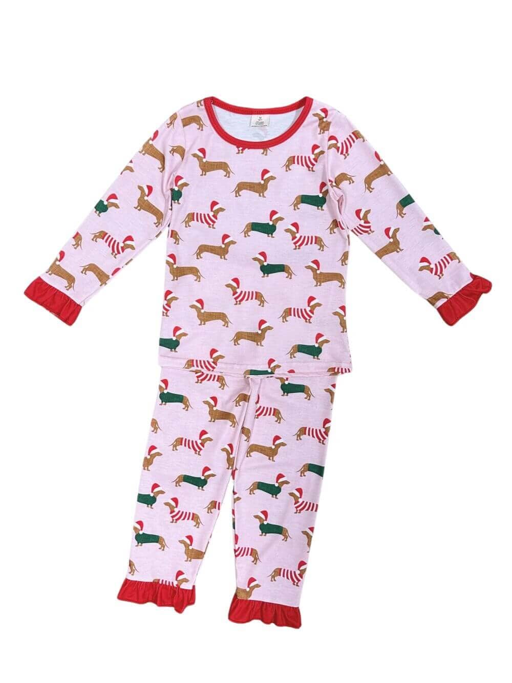 Winter Weiner Dog Pink Girls Christmas Pajamas、mySite、camillekostekn