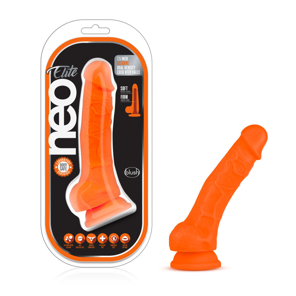 Neo Elite By Blush® | Neon Orange: 7.5-Inch Long Dildo - Made with Purio™ Silicone & SensaFeel® Dual Density Realistic Technology、mySite、bottomscart