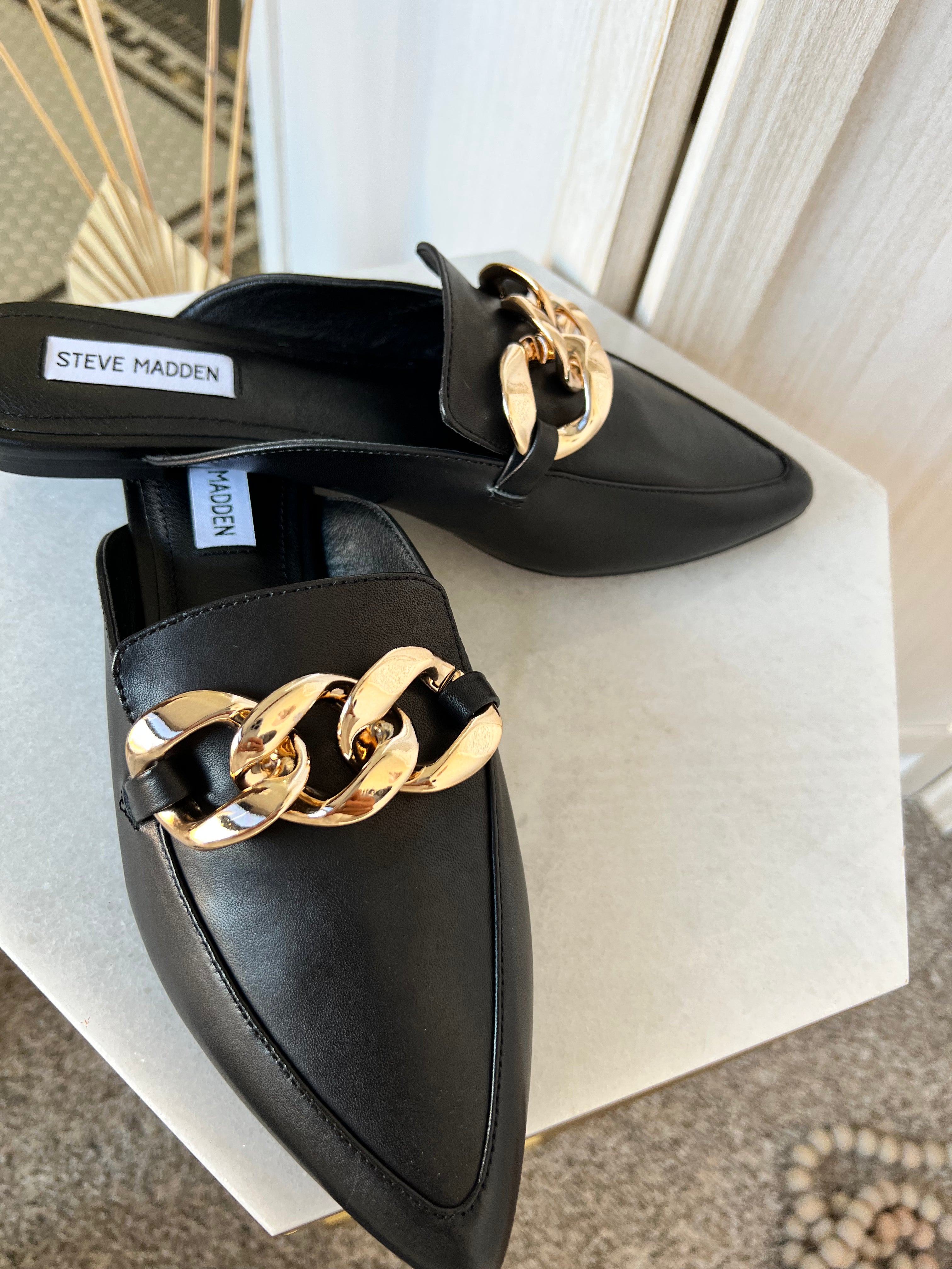 Steve Madden Fleur Black Chain Mules、mySite、garagedoors4me