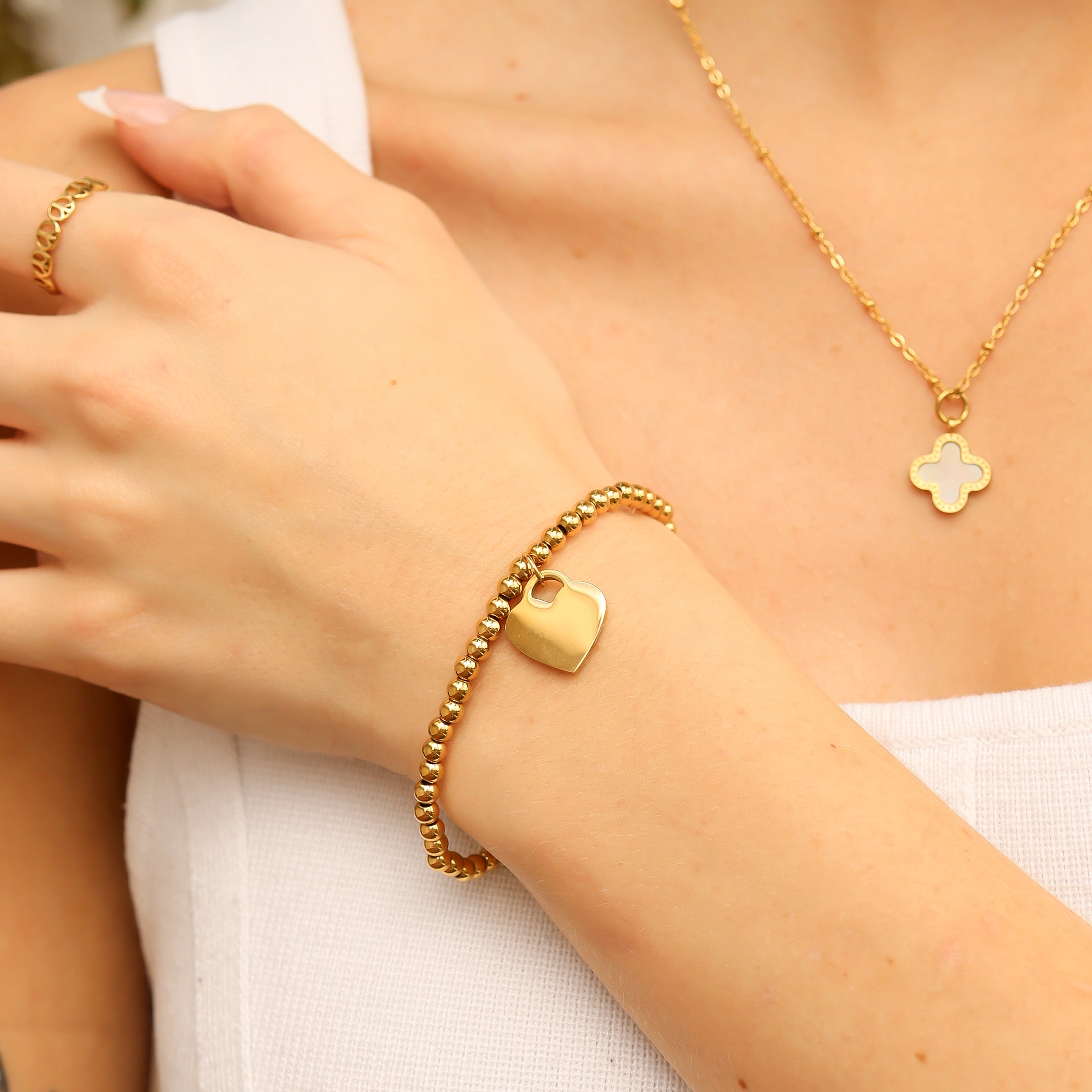 18K Gold PVD Stainless Steel Beaded Blank Heart Stretch Bracelet / SBB0273、mySite、dreamappss