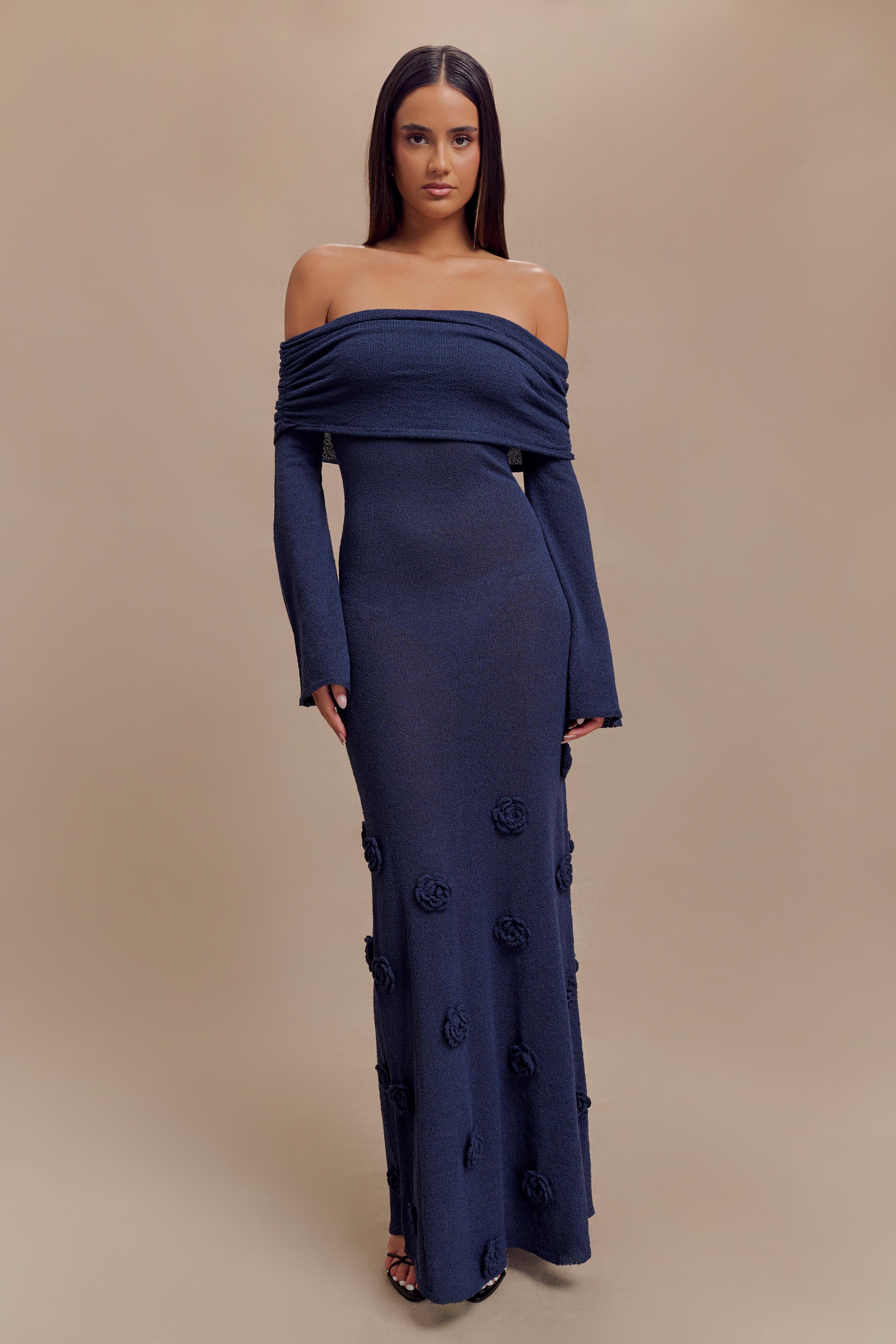 Kiki Off Shoulder Knit Rose Maxi Dress - Navy、mySite、solidvoid