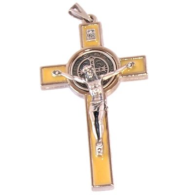  Rosary Supplies - Metal Crosses & Crucifixes St. Benedict Rosary crucifix with yellow enamel - Extra Large - Pewter tone g.、mySite、elrpsem3k