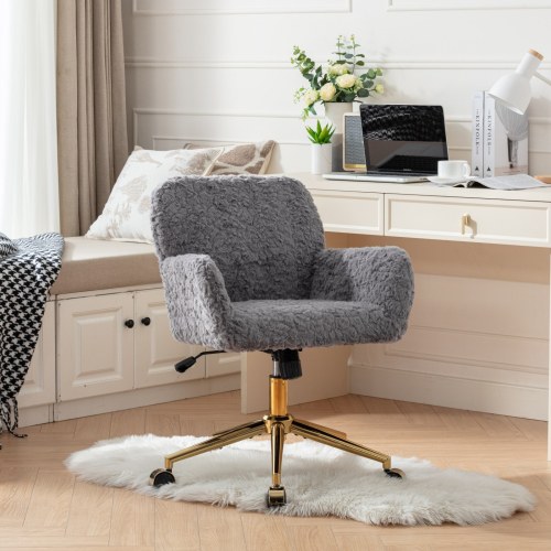 A&A Furniture Office Chair,Artificial rabbit hair Home Office Chair with Golden Metal Base,Adjustable Desk Chair Swivel Office Chair,Vanity Chair(Orange)、、casual