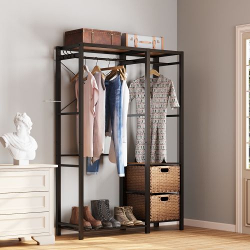 Acacia Wood Garment Racks with Shelves 2 Wicker Drawers and 4 Hooks Heavy Duty Closet Organizer for Hanging Clothes, Freestanding Closet Wardrobe Rack, Light Gray、、eastwooduniform