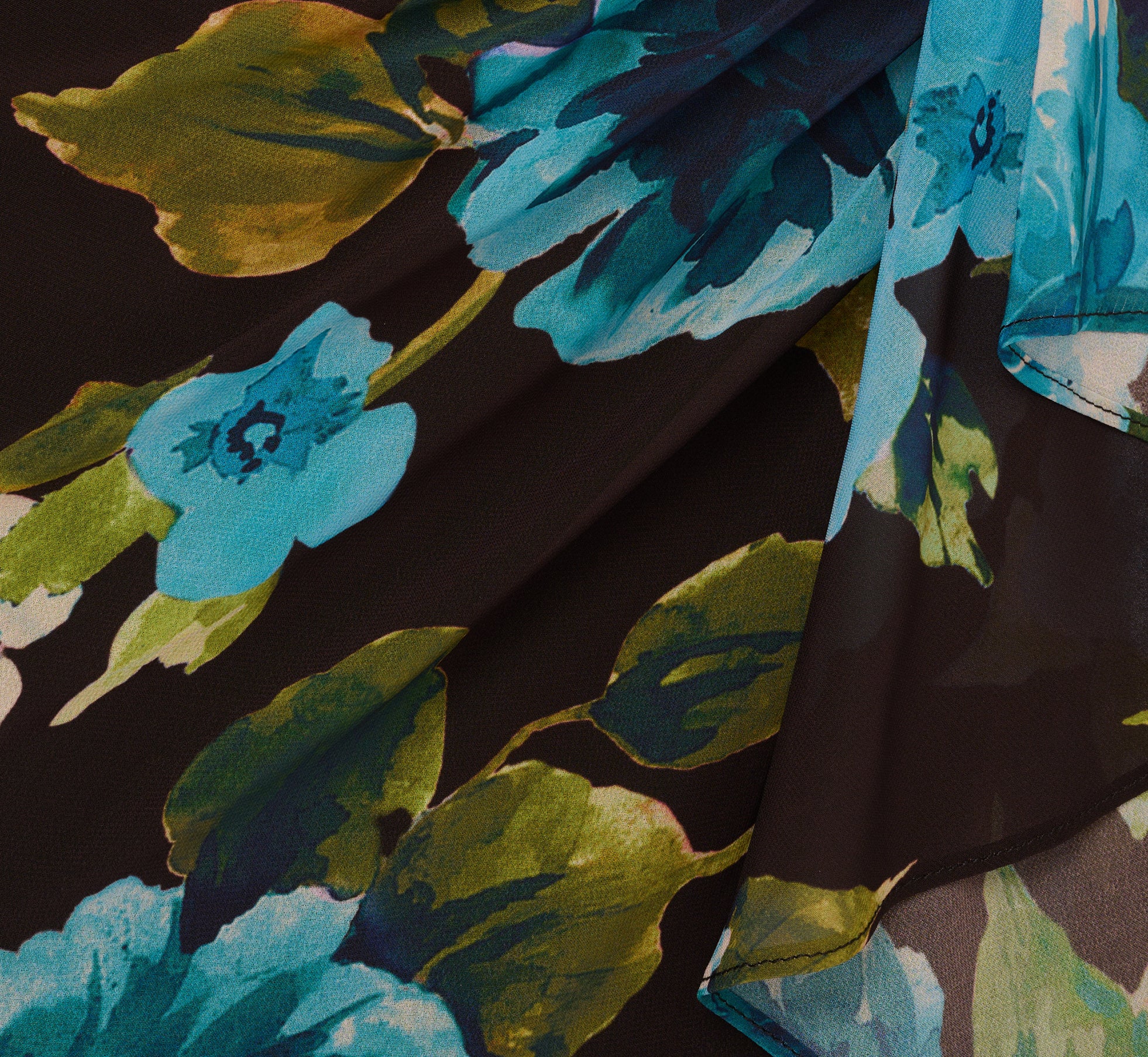 Asymmetrical Draped Floral Chiffon Gown In Black Multi、mySite、solidvoid