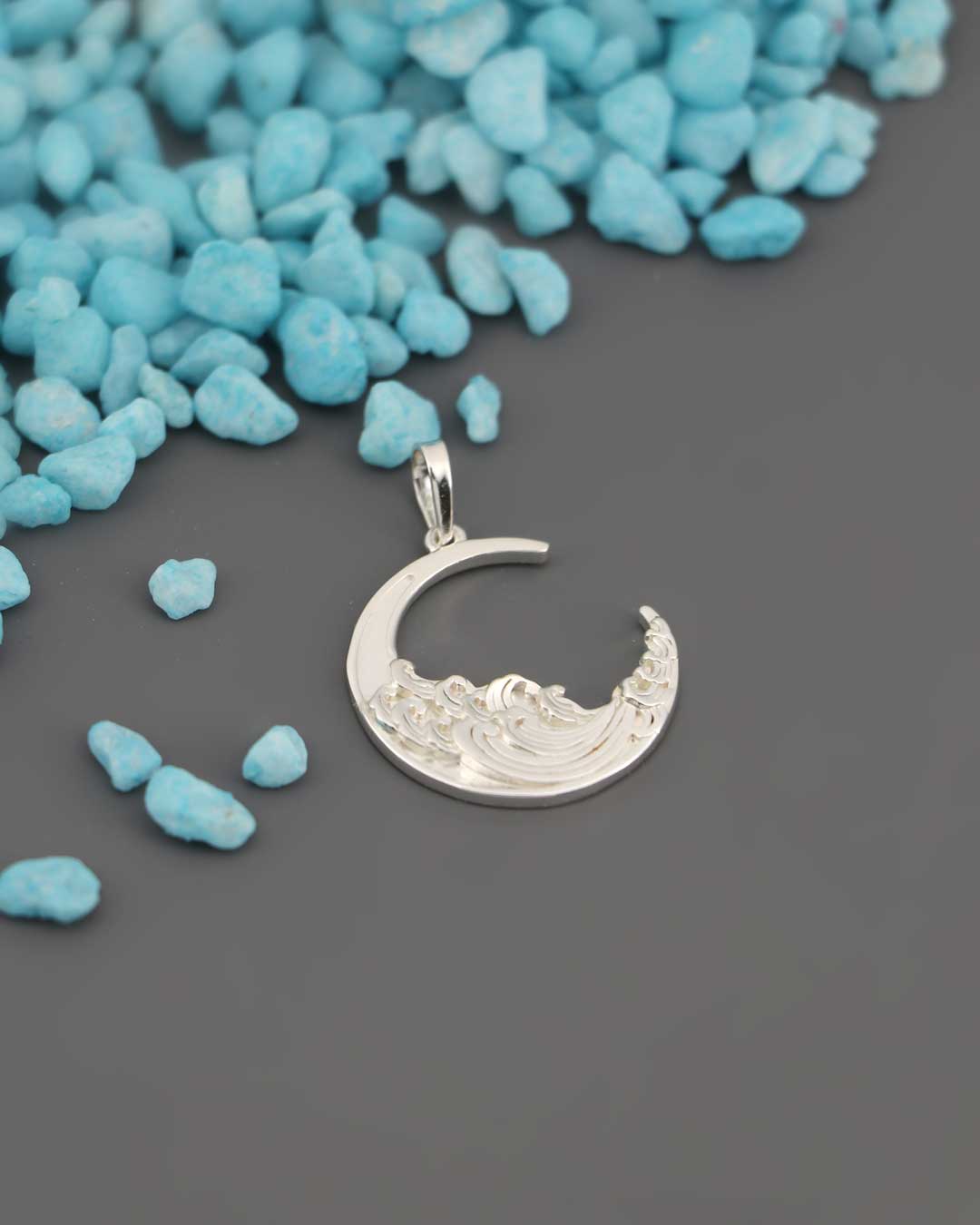 Sterling Silver Crescent Moon and Ocean Wave Pendant – Symbol of Intuition and Life's Flow、mySite、topwebapps