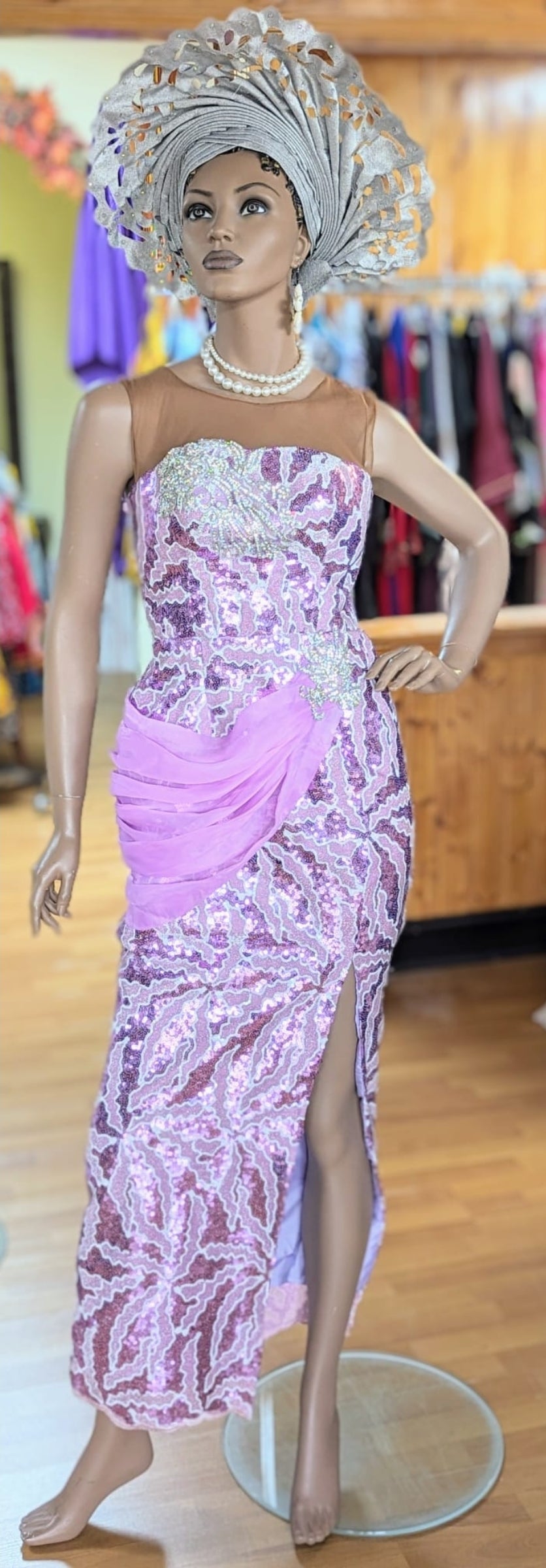Maha Light Lilac Muave African Sleeveless Lace Sequins Maxi Bustier Dress-DPXLLD3、mySite、solidvoid
