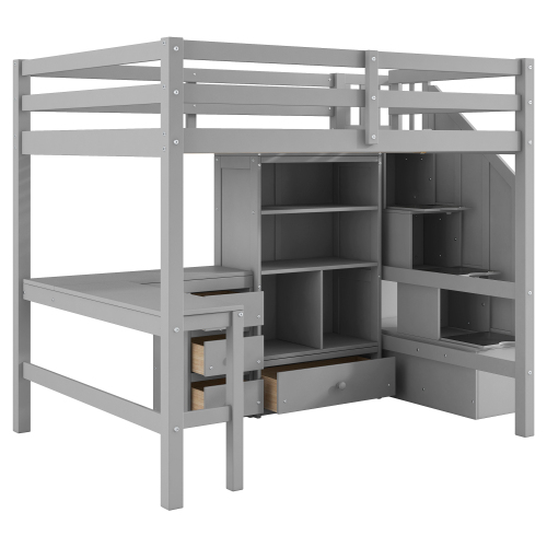 Twin Size Loft Bed with L-Shaped Desk and Drawers, Cabinet and Storage Staircase, White、、casual