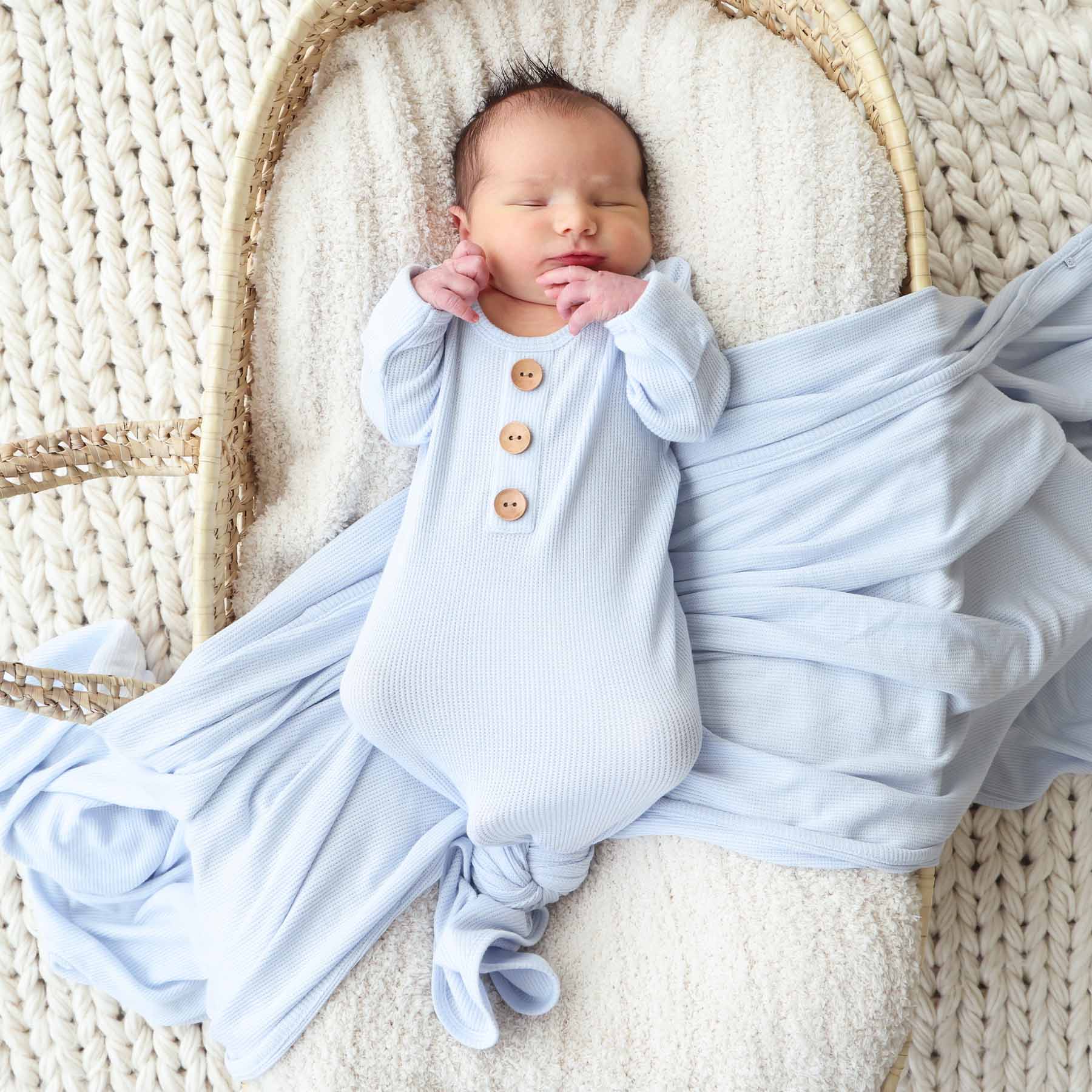  Ice Blue Bamboo Waffle Newborn Baby Knot Gown & Hat Set、mySite、layawaytickets