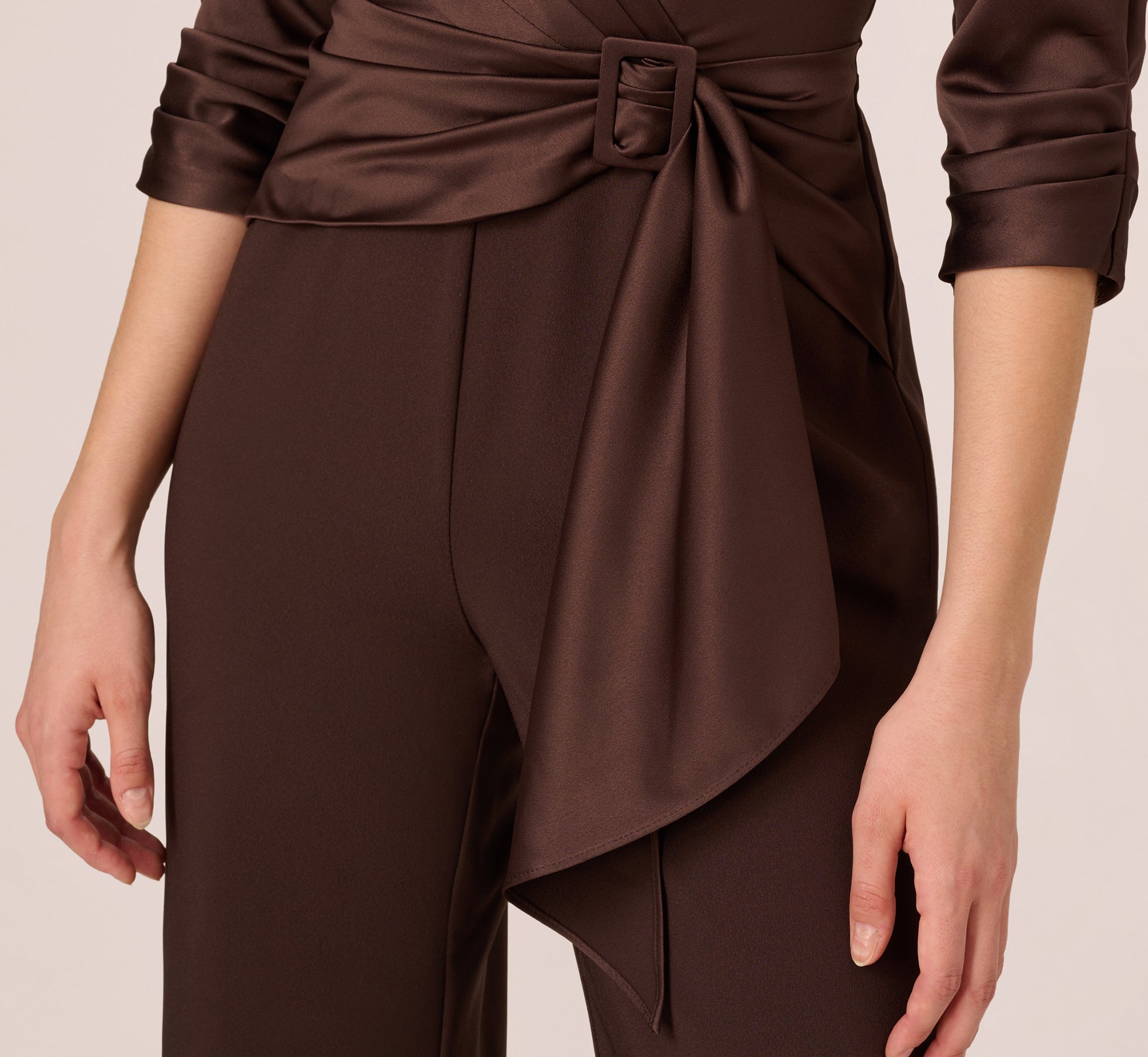 Satin Crepe Three Quarter Sleeve Jumpsuit With Buckle Waist In Dark Brown、mySite、solidvoid