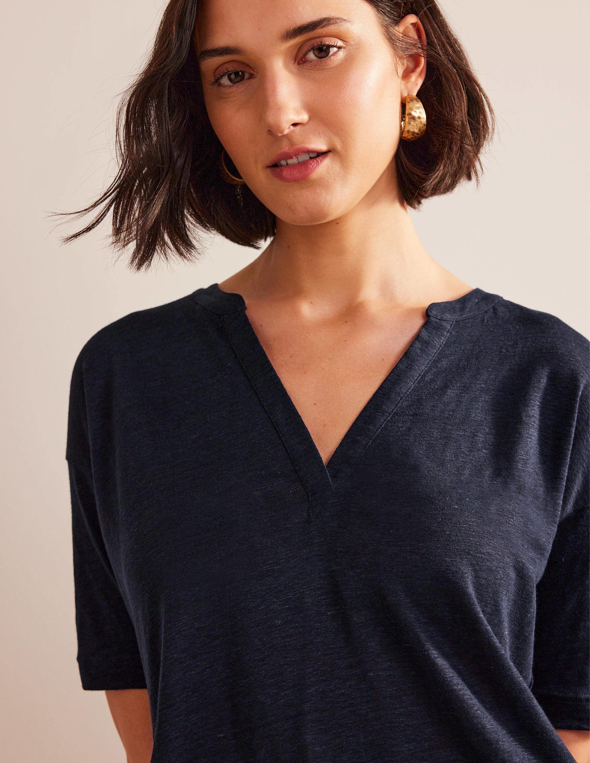  Notch Neck Linen Henley Top-Navy、mySite、ashleygrahame