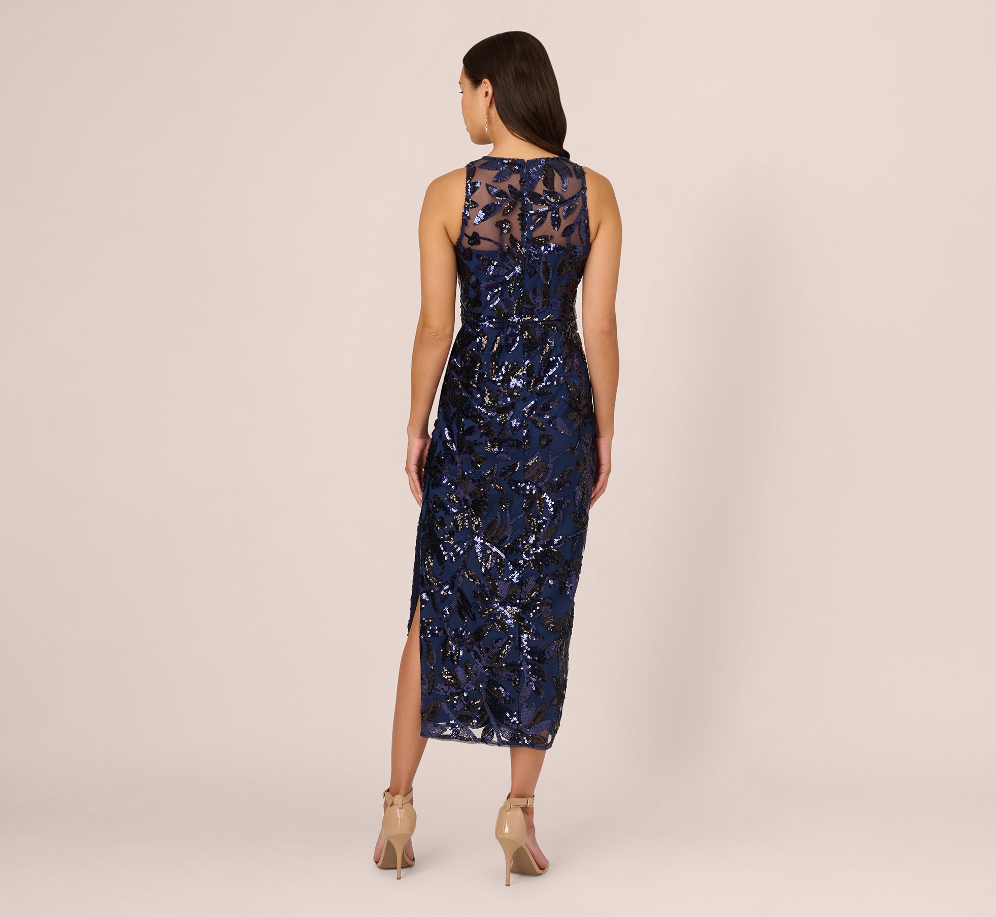 Sequin Leaf Halter Column Gown With Sheer Neckline In Navy Black、mySite、solidvoid
