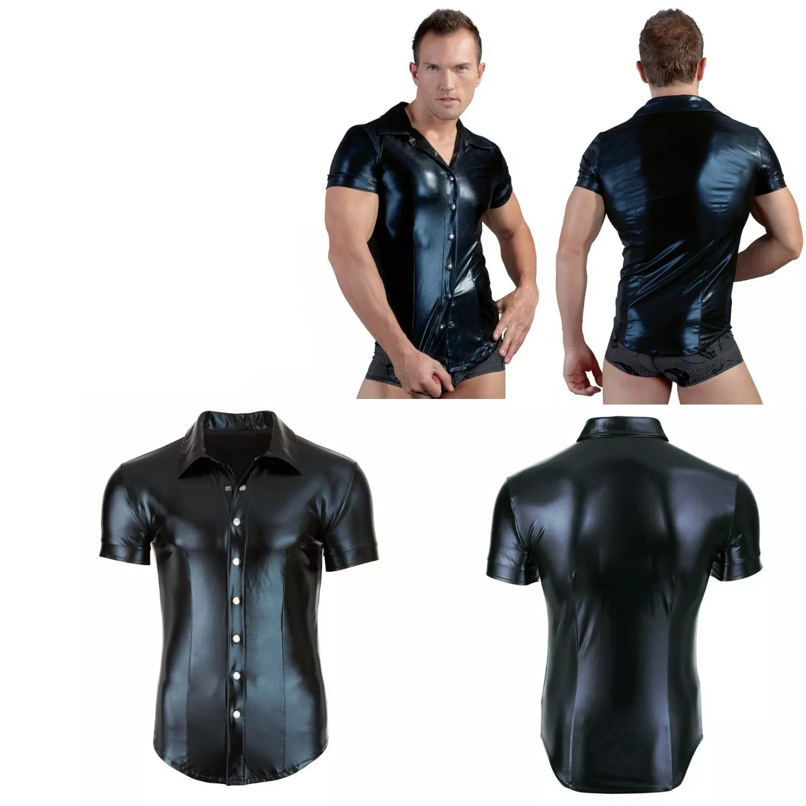 Come Closer Wetlook Leather Men Shirt | Black | Stretchy | Faux Leather、mySite、bottomscart