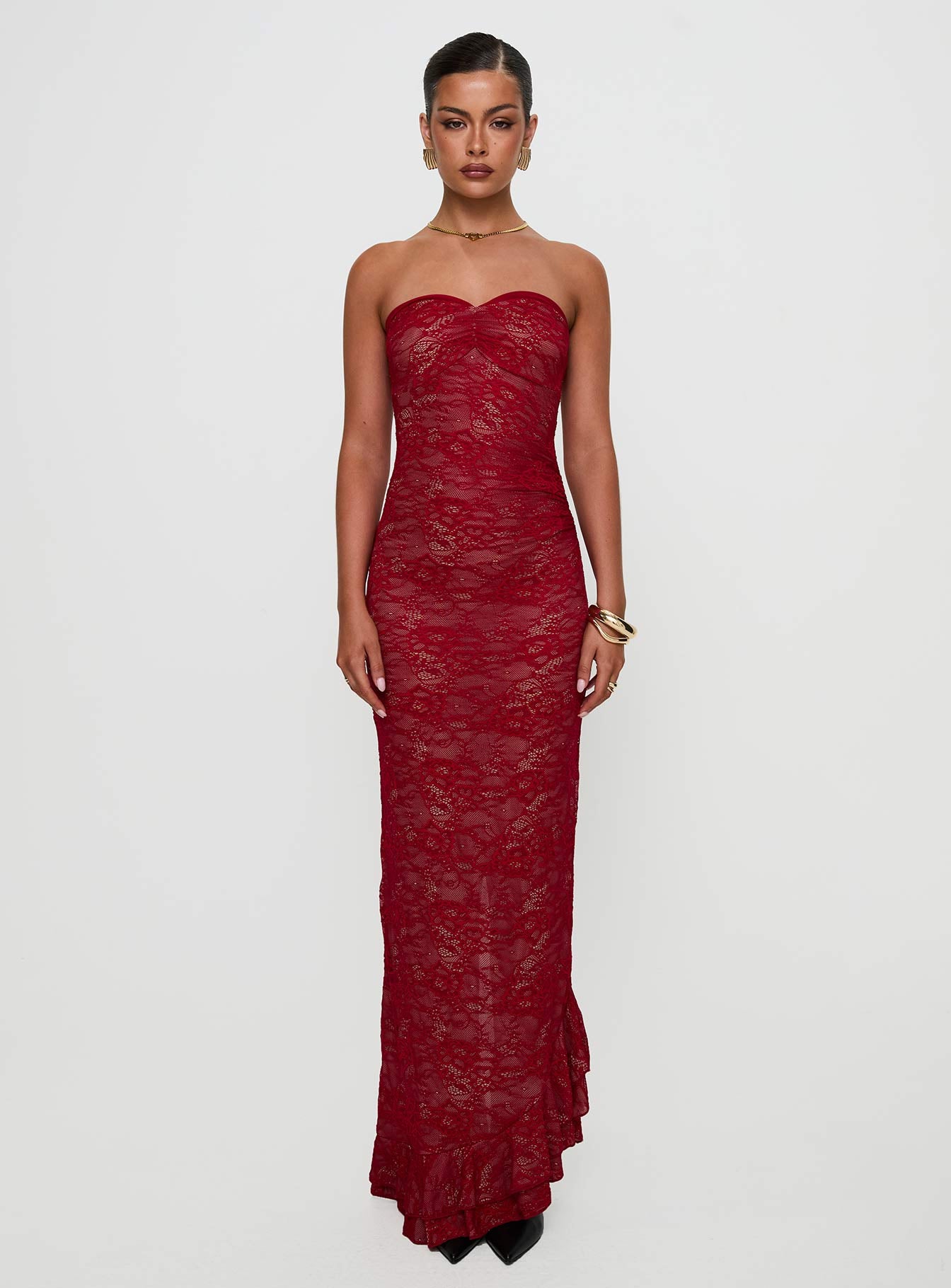 Hailees Lace Strapless Maxi Dress Red、mySite、solidvoid