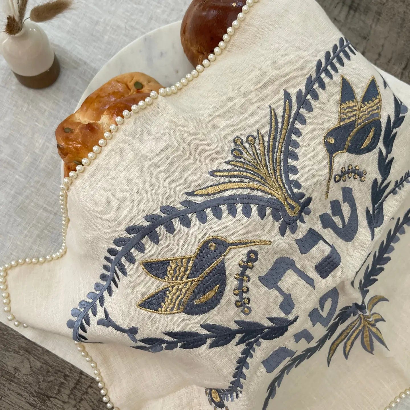 Handmade Birds and Shabbat Shalom Challah Cover - Blue and Gold、mySite、topwebapps