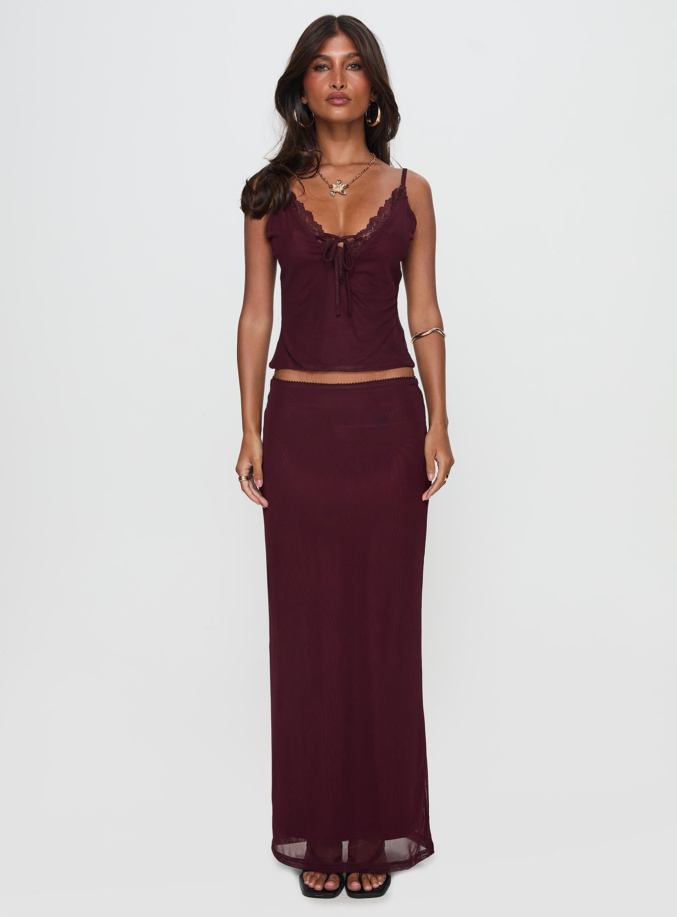 Reiko Lace Trim Tie Front Maxi Set Burgundy、mySite、solidvoid