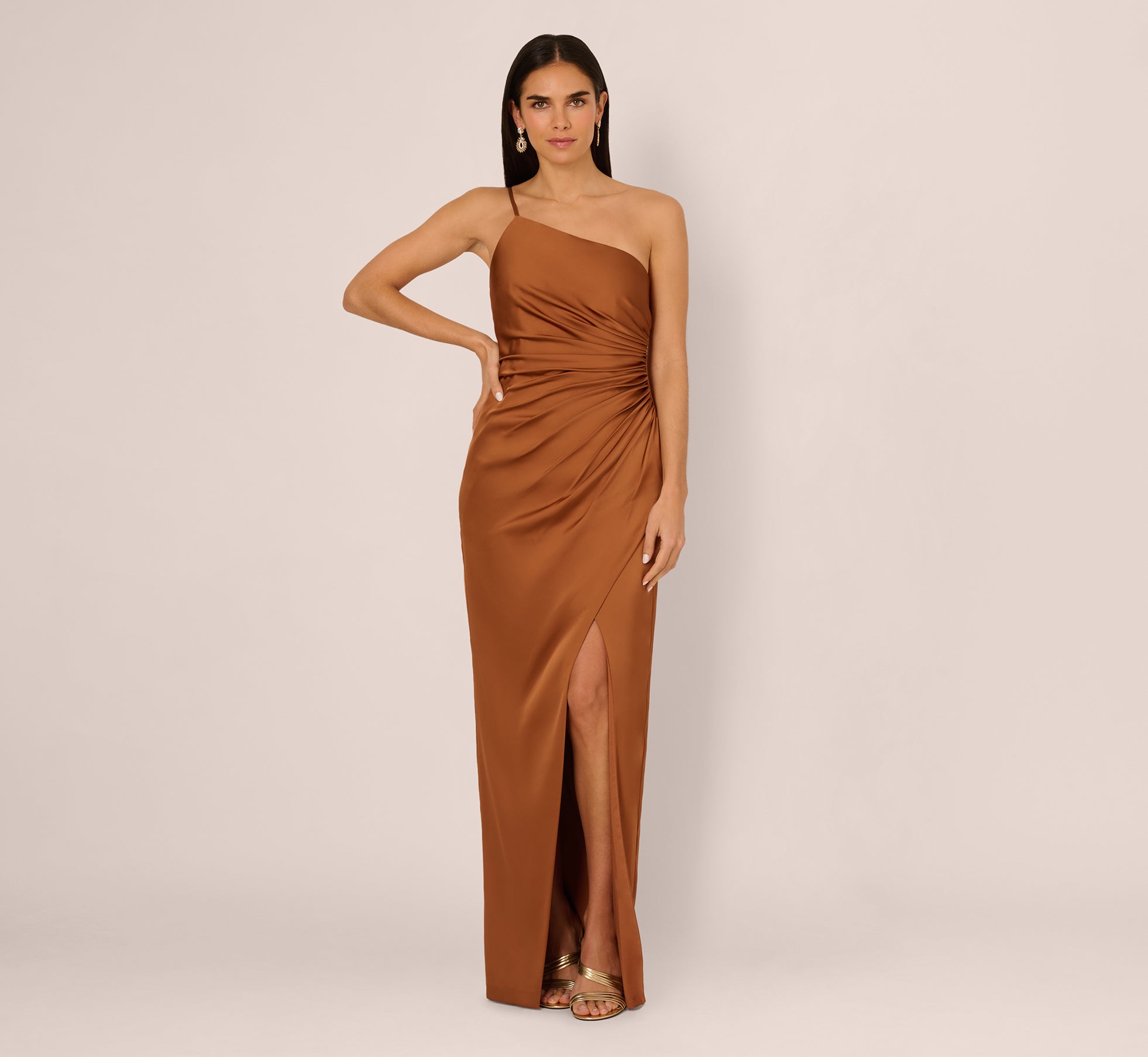 One Shoulder Ruched Satin Gown In Cinnamon、mySite、solidvoid
