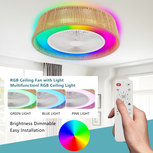 21" Modern Rustic Ceiling Fan Light with LED RGB Mood Lighting, Rope Woven Design, Quiet Fan, Semi Flush Mount for Bedroom, Living Room, or Dining Room ((Silent/6-Speed/Reversible/DC Motor))、、eastwooduniform