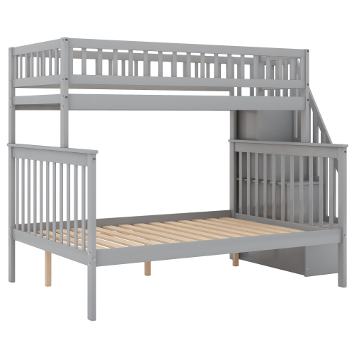 Twin over Full Stairway Bunk Bed with Storage, Gray、、casual