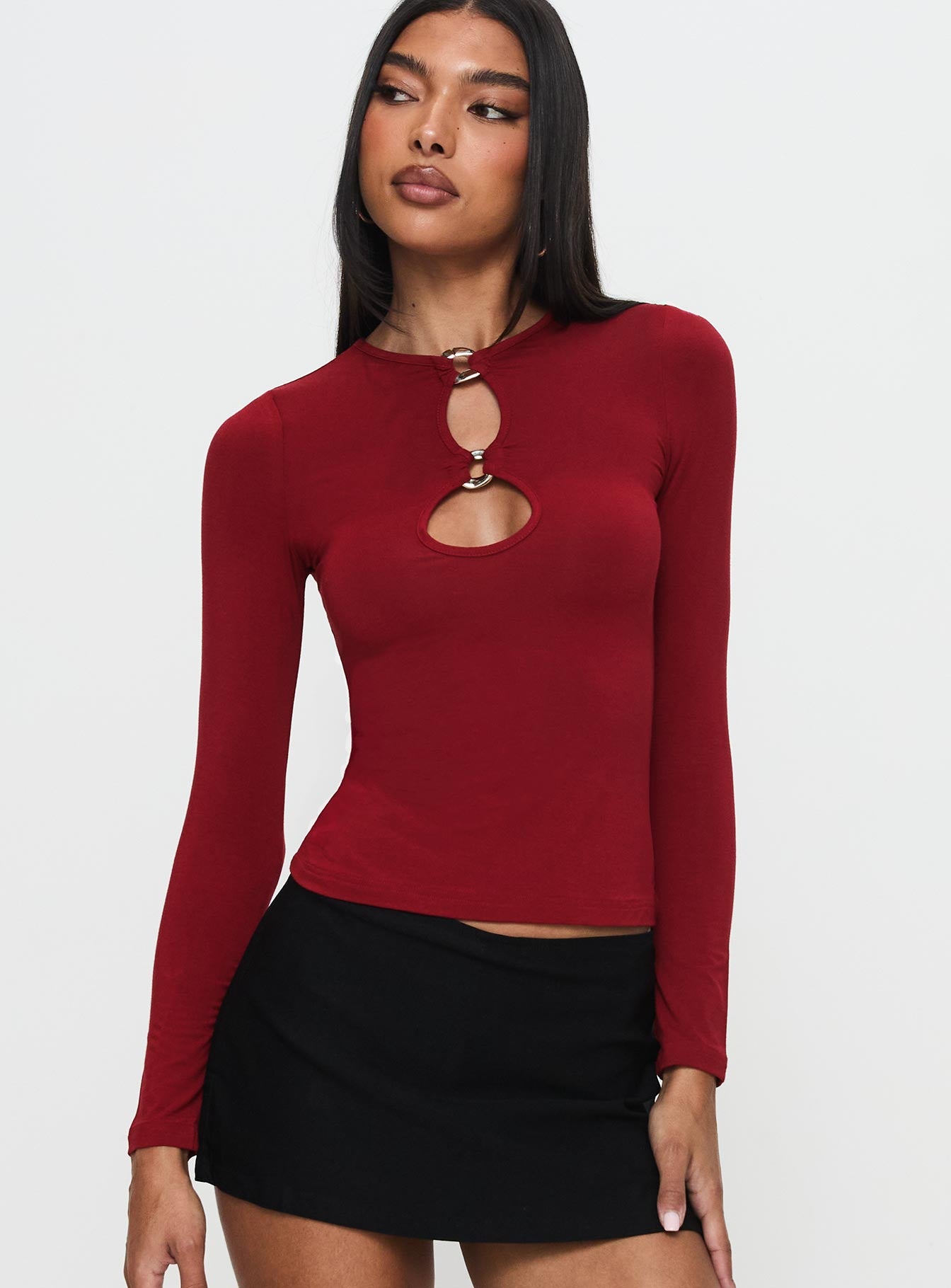 Orlaith Cut Out Long Sleeve Top Burgundy、mySite、solidvoid