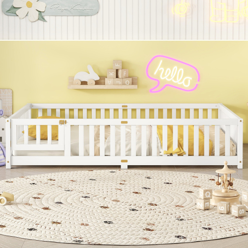 Twin Size Bed Floor Bed with Safety Guardrails and Door for Kids, Natural(Old SKU: W158090686)、、casual