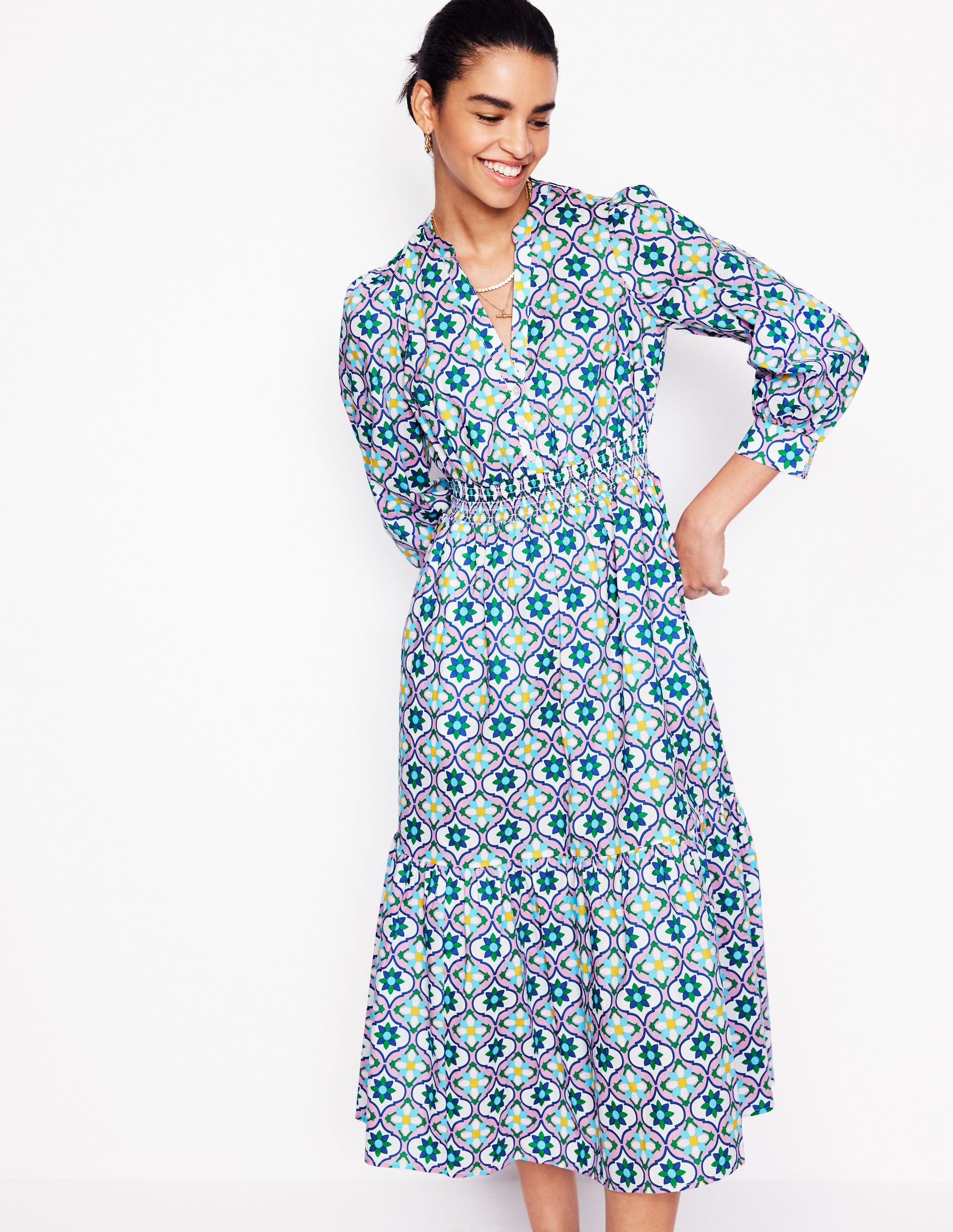  Elena Tiered Cotton Midi Dress-Multi, Floweret Tile、mySite、ashleygrahame