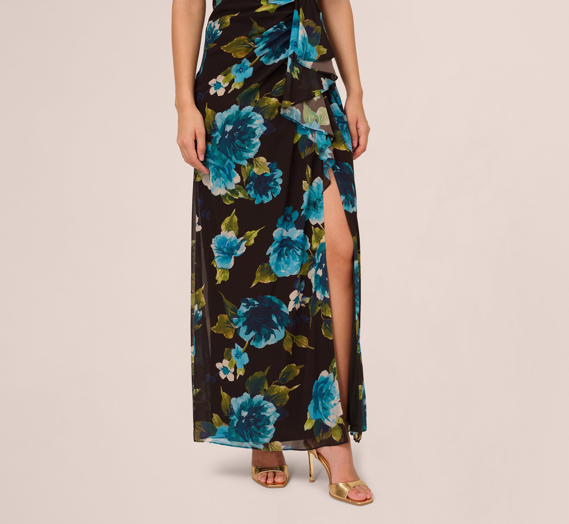 Asymmetrical Draped Floral Chiffon Gown In Black Multi、mySite、solidvoid