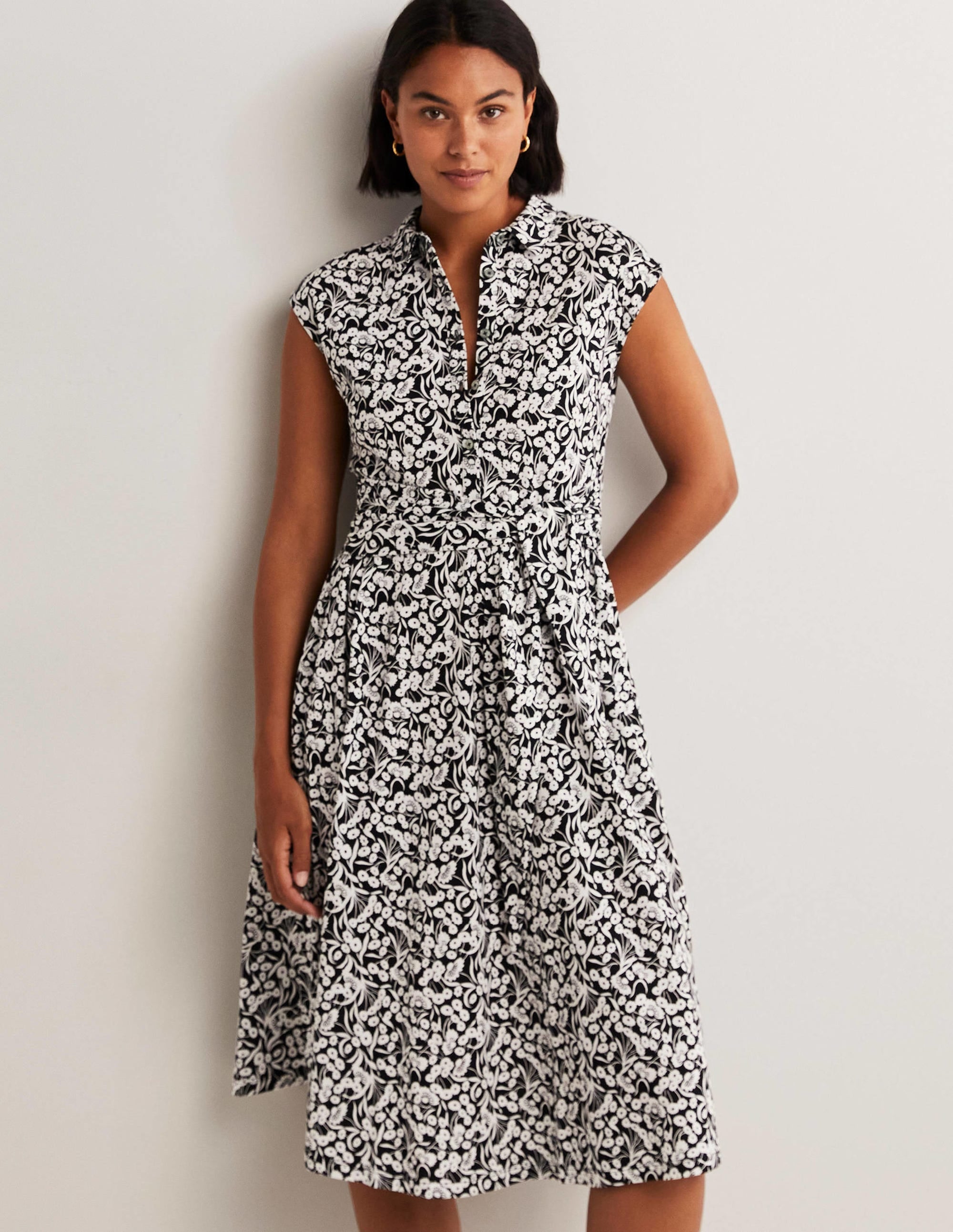  Tie Waist Jersey Shirt Dress-Black, Floret Bud、mySite、ashleygrahame