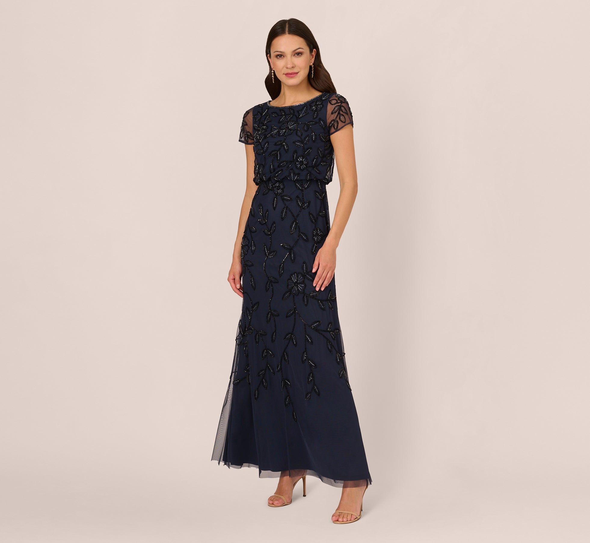 Jasmine Beaded Blouson Gown With Sheer Short Sleeves In Navy Black、mySite、solidvoid