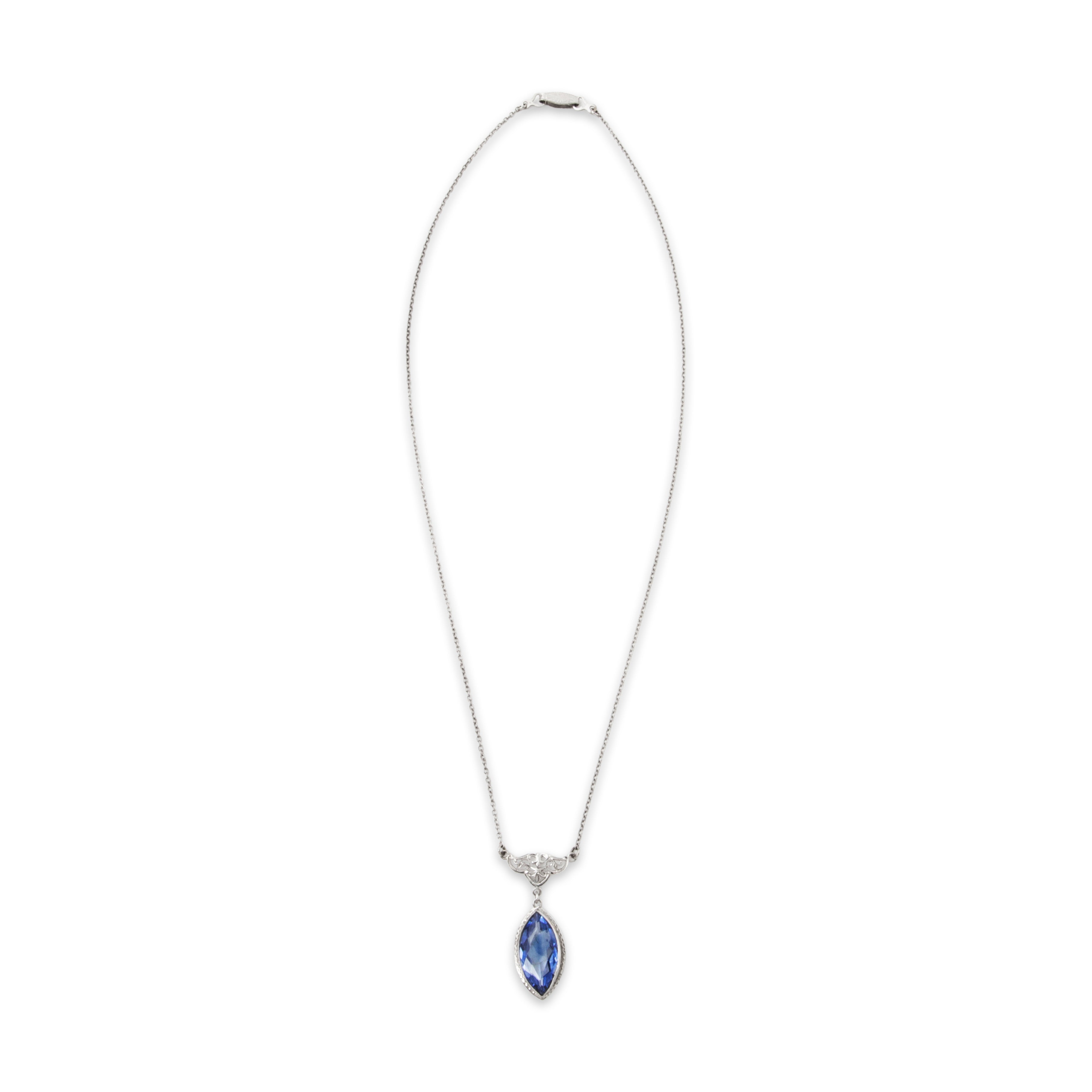 Antique Art Deco 10k White Gold Blue Synthetic Sapphire Lavalier Necklace 17、mySite、hinf8tx79