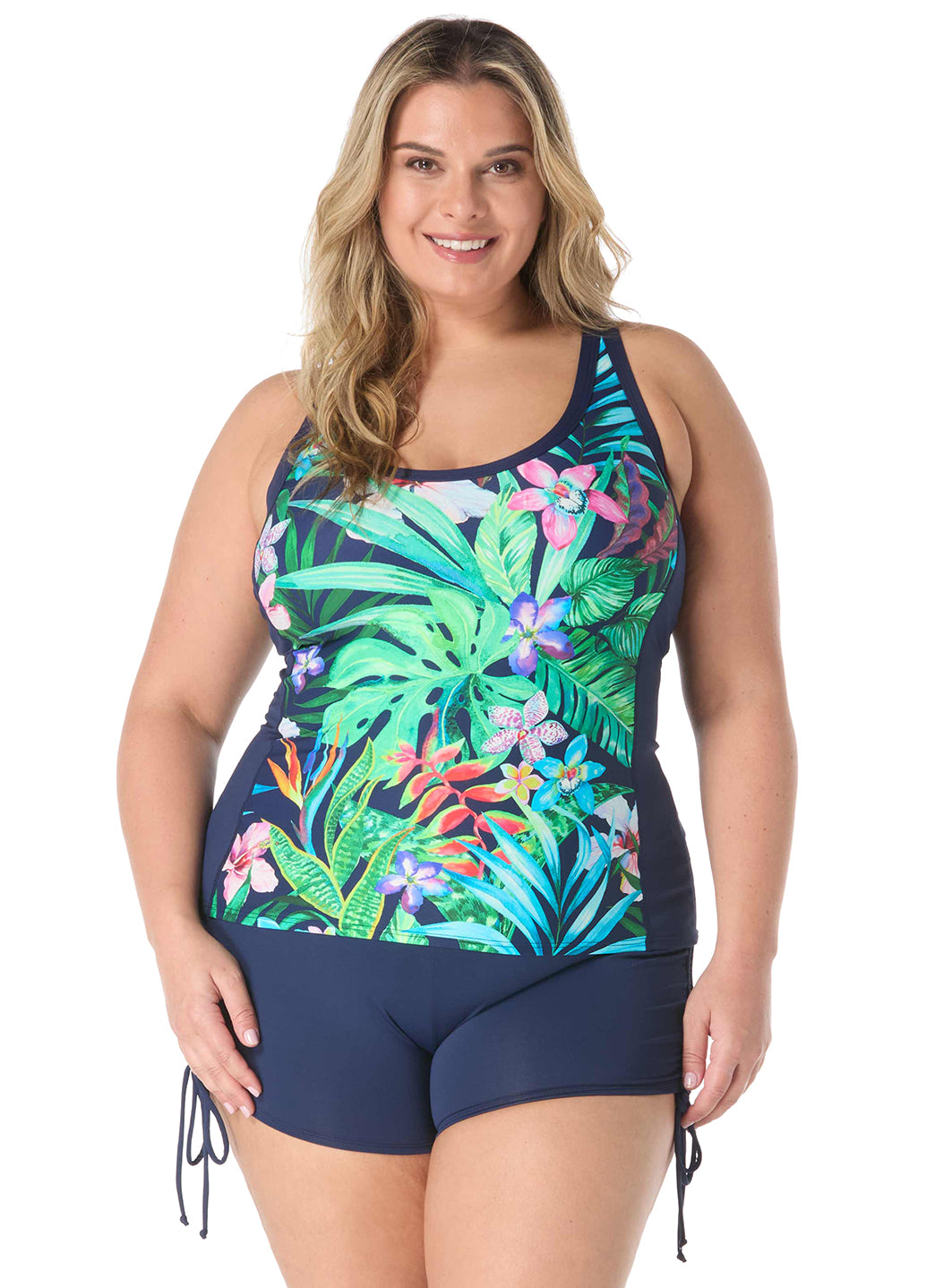 Beach House Women's Plus Size Tropic Paradise Ambition Fitted Cross Back Tankini Top、mySite、noshort