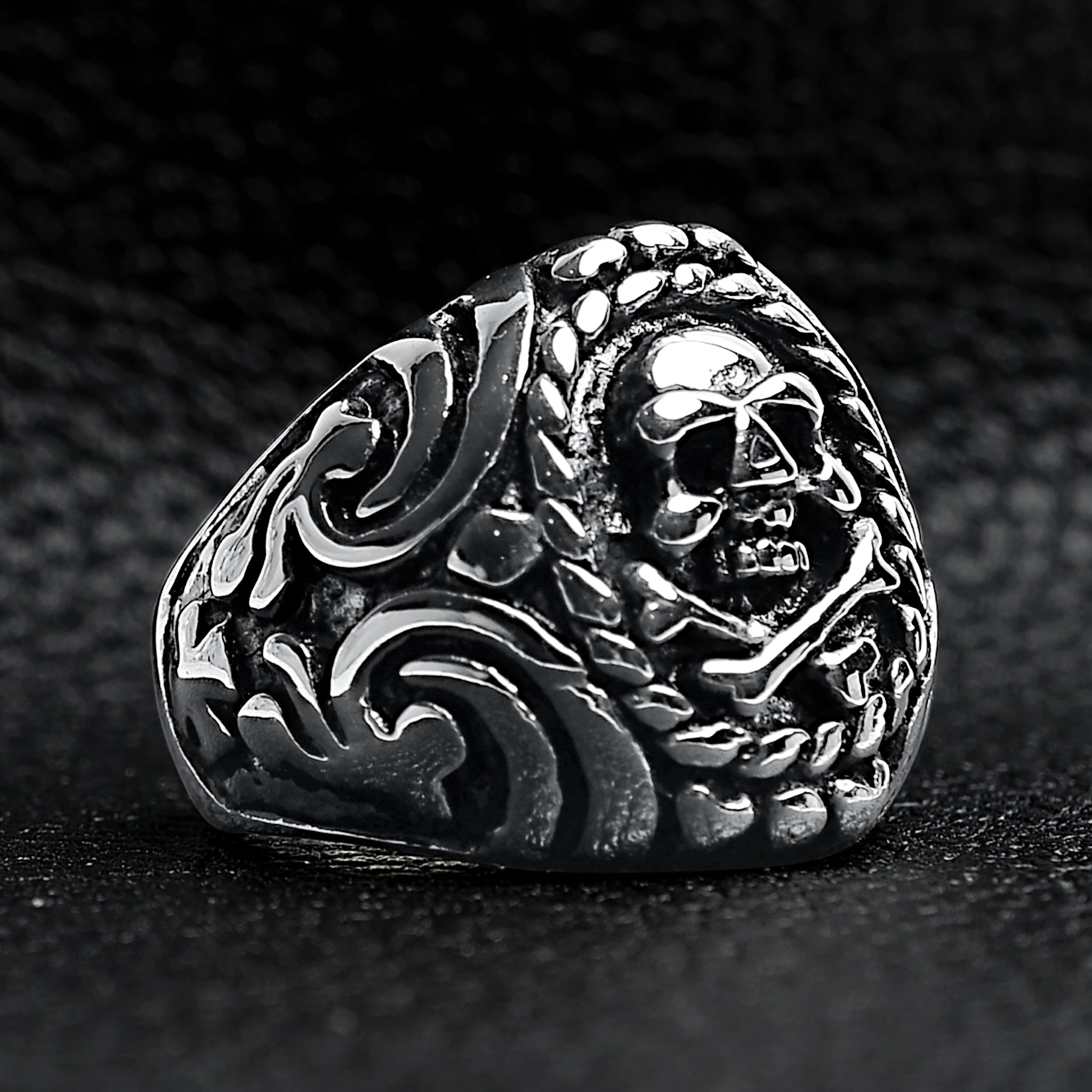 Polished Skull And Crossbones With Ocean Pattern Stainless Steel Ring / SCR1001、mySite、dreamappss
