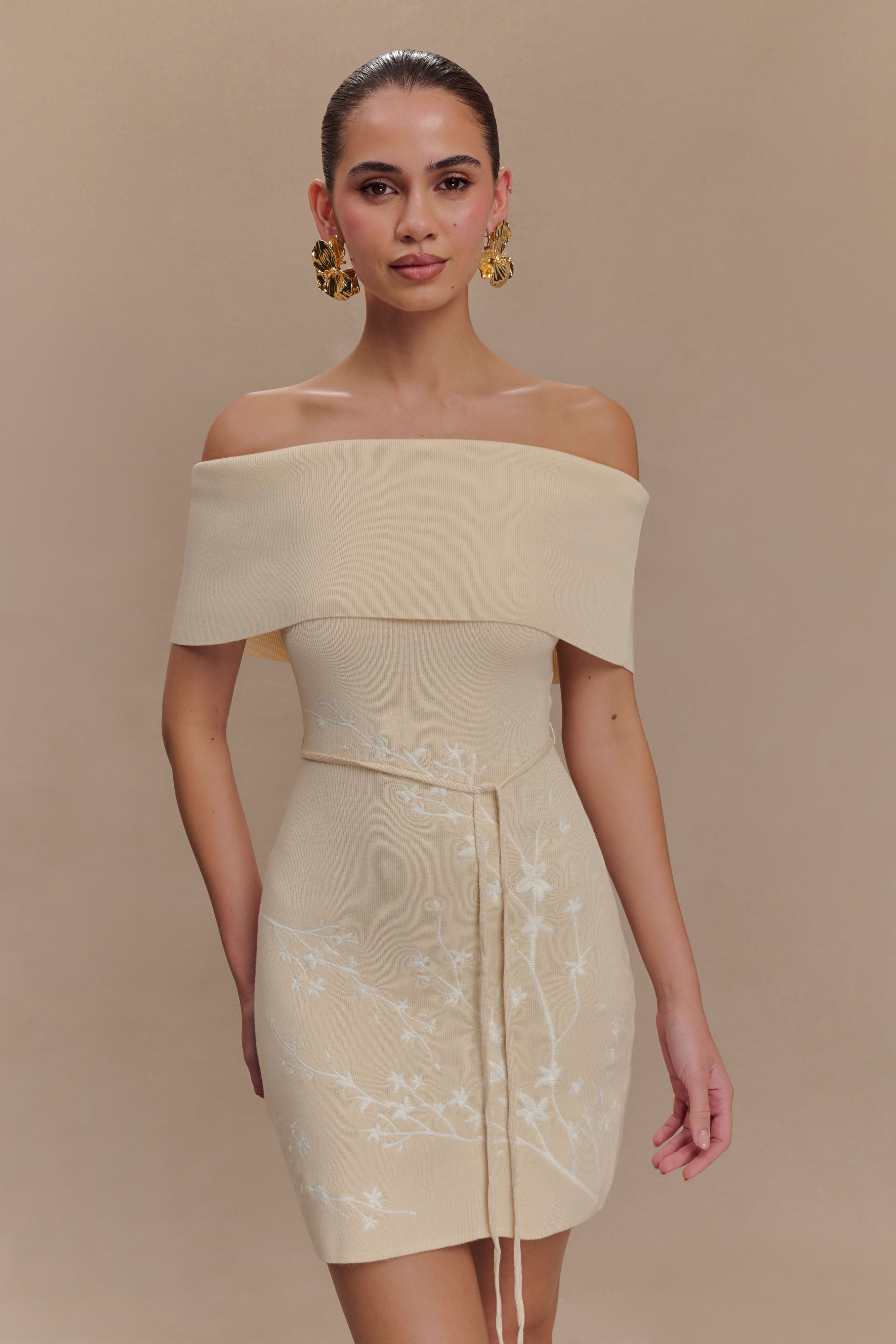 Mallory Off Shoulder Embroidered Knit Mini Dress - Cream And Ivory、mySite、solidvoid
