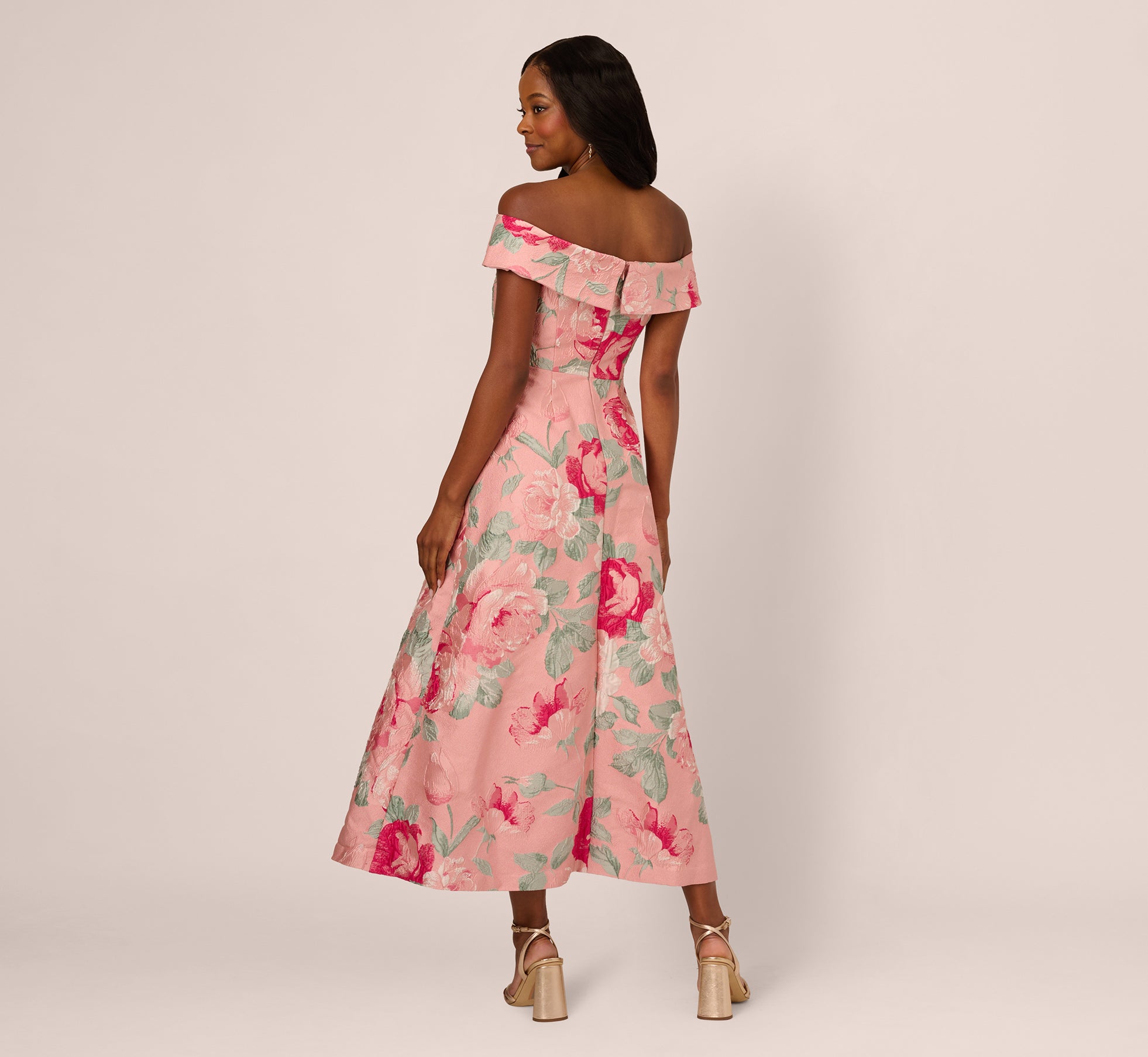 Off Shoulder Floral Jacquard Fit And Flare Gown In Pink Multi、mySite、solidvoid
