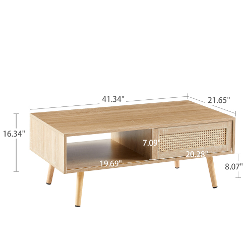 41.34" Rattan Coffee table, sliding door for storage, solid wood legs, Modern table for living room , natural、、casual