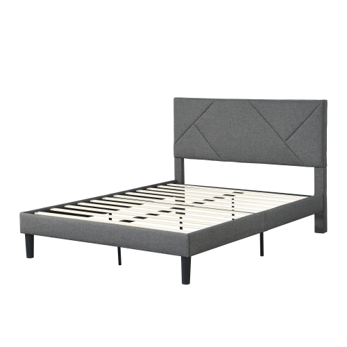 King Size Upholstered Platform Bed Frame with Button Tufted Linen Fabric Headboard, No Box Spring Needed, Wood Slat Support, Easy Assembly, Gray、、casual