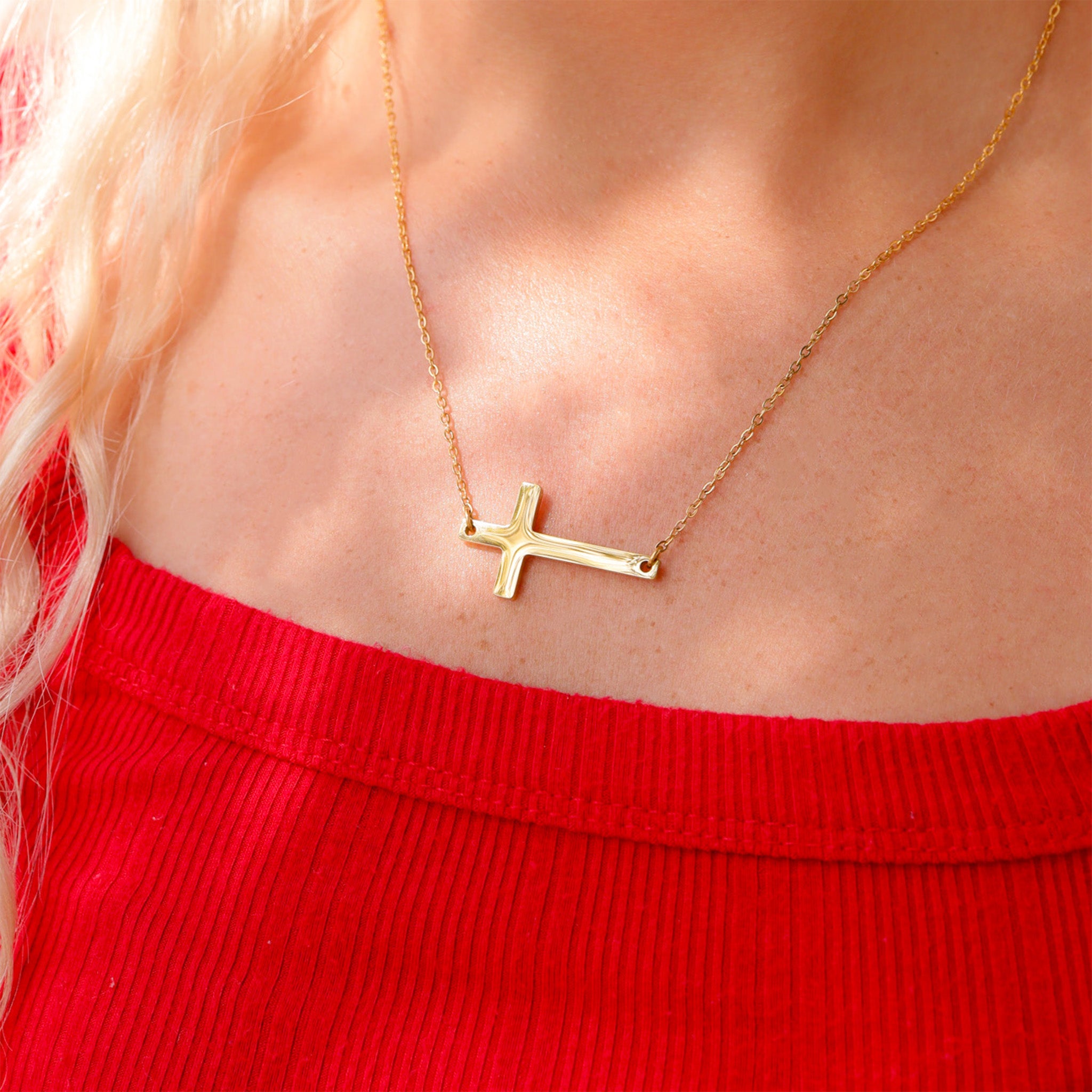 18K Gold PVD Stainless Steel Horizontal Blank Cross Necklace / SBB0285、mySite、dreamappss
