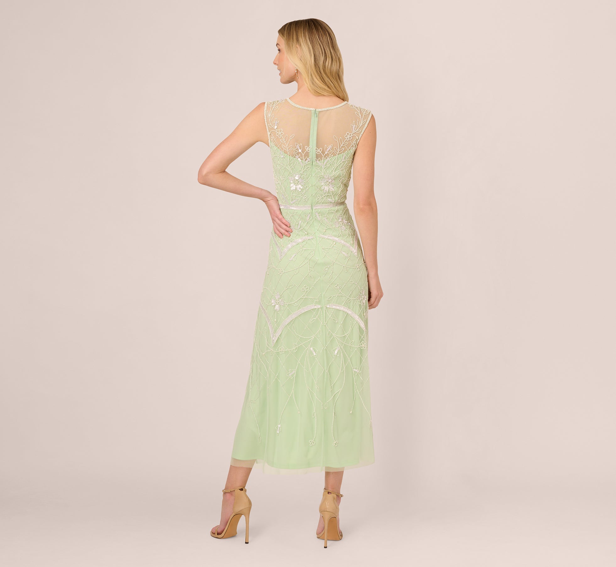 Beaded Ankle-Length Dress With Sheer Neckline In Aloe Mist Ivory、mySite、solidvoid