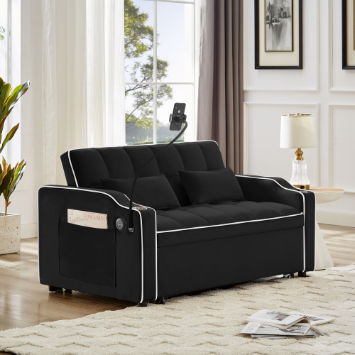 1 versatile foldable sofa bed in 3 lengths, modern sofa sofa sofa velvet pull-out bed, adjustable back and with USB port and ashtray and swivel phone stand (black)、、casual
