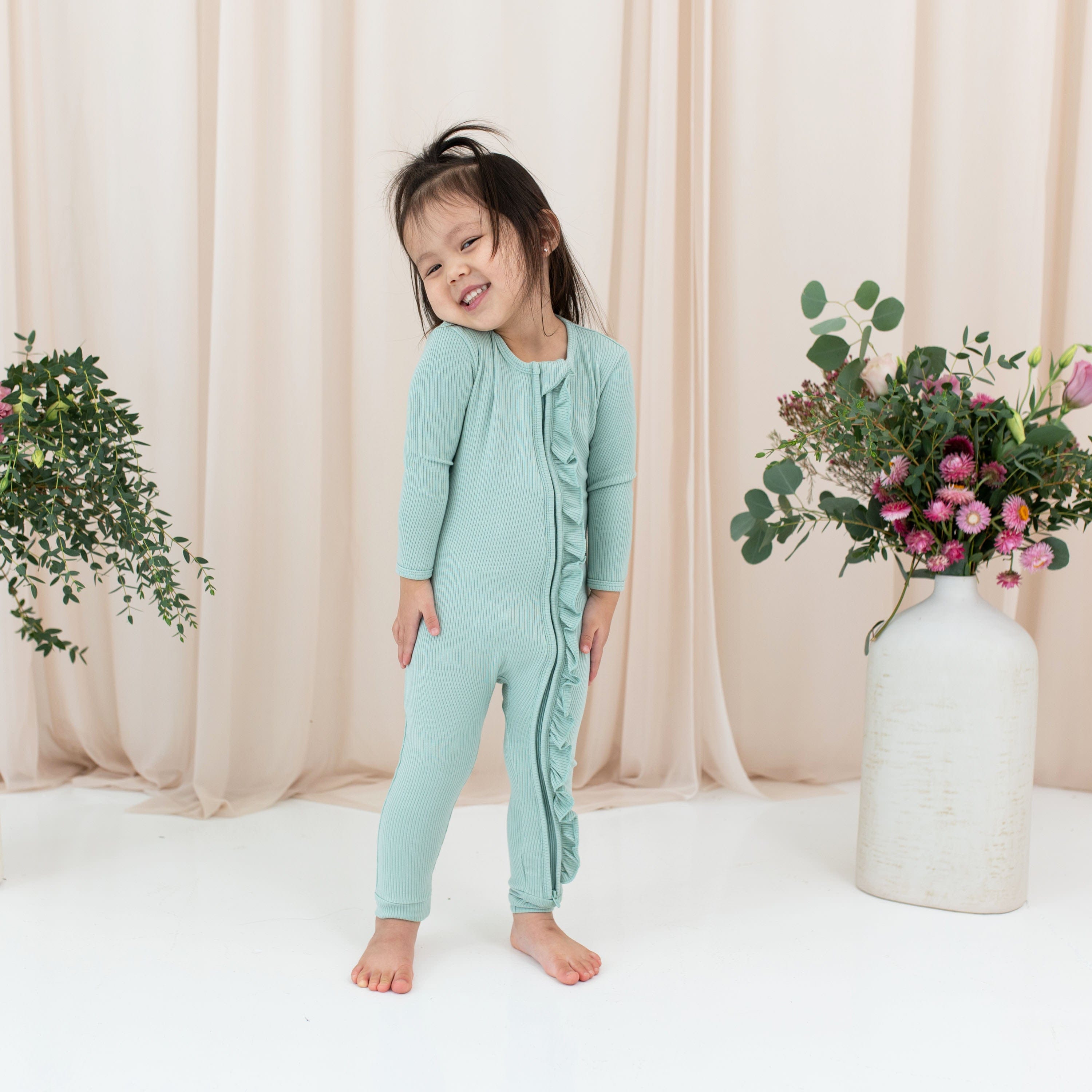  Ribbed Ruffle Zipper Romper in Sage、mySite、layawaytickets