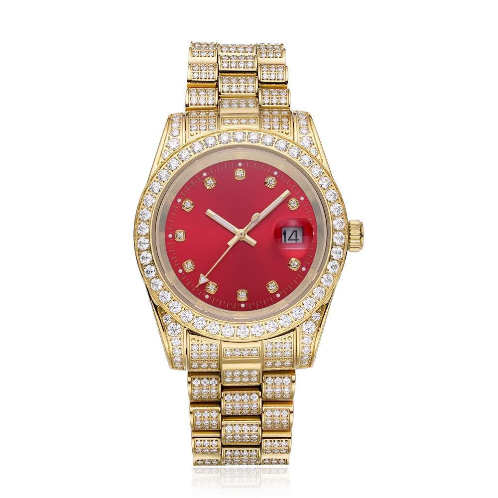 Moissanite Presidential Watch | Red Face | 41MM | 13.3CT Iced Out | 14K Yellow Gold、mySite、hinf8tx79