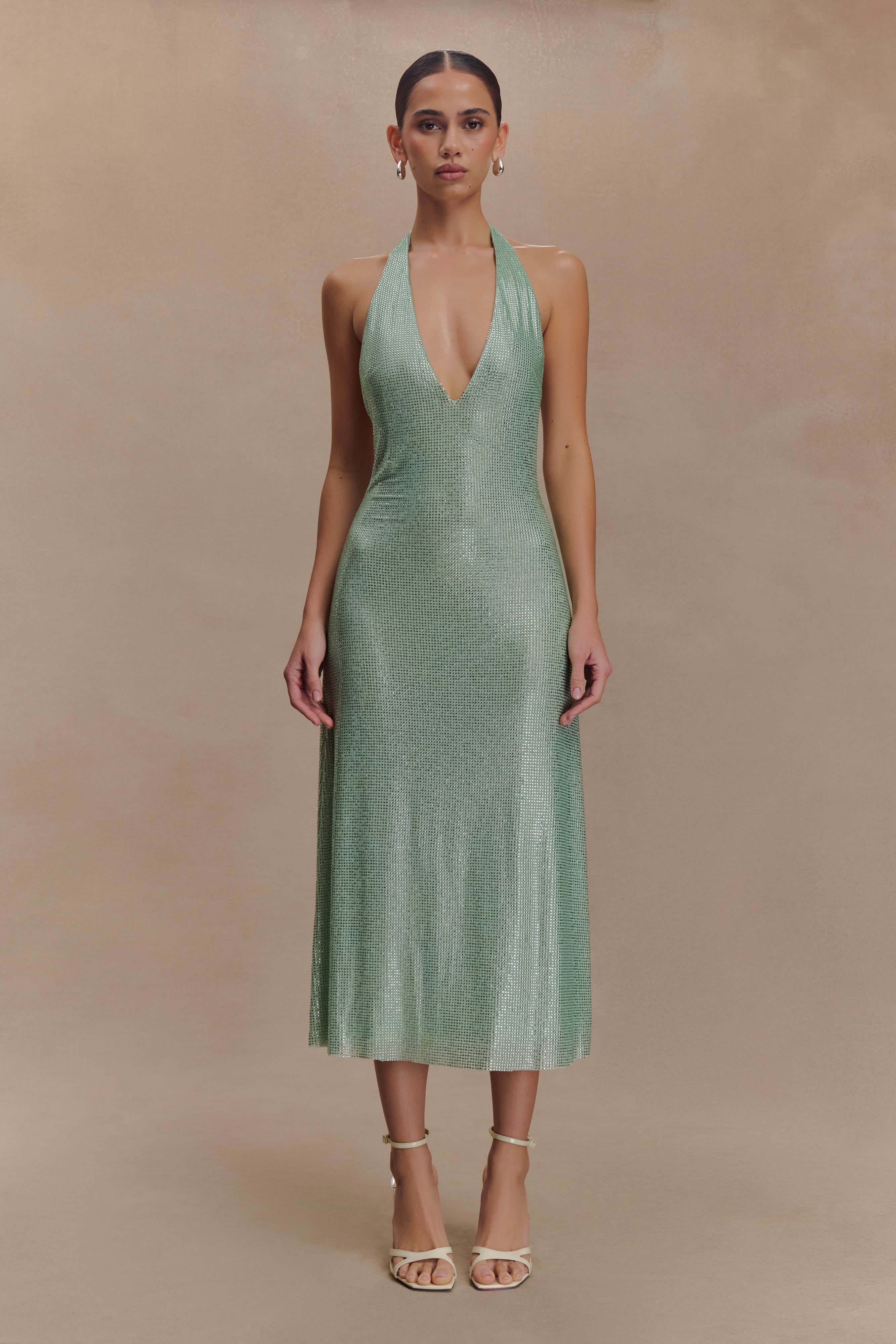 Genie Diamante Halter Midi Dress - Mint、mySite、solidvoid