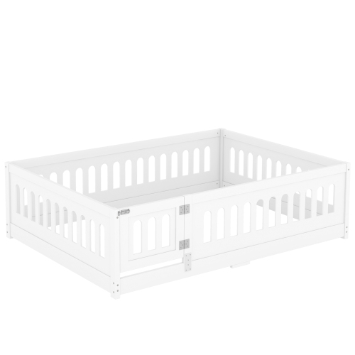 Twin Size Floor Bed with Heightened Safety Guardrails and Door, Solid Wood Bedframe with Rails for Girls, Boys, Teens, Child Bedroom, Kids Playroom, No Slats Included, White、、casual